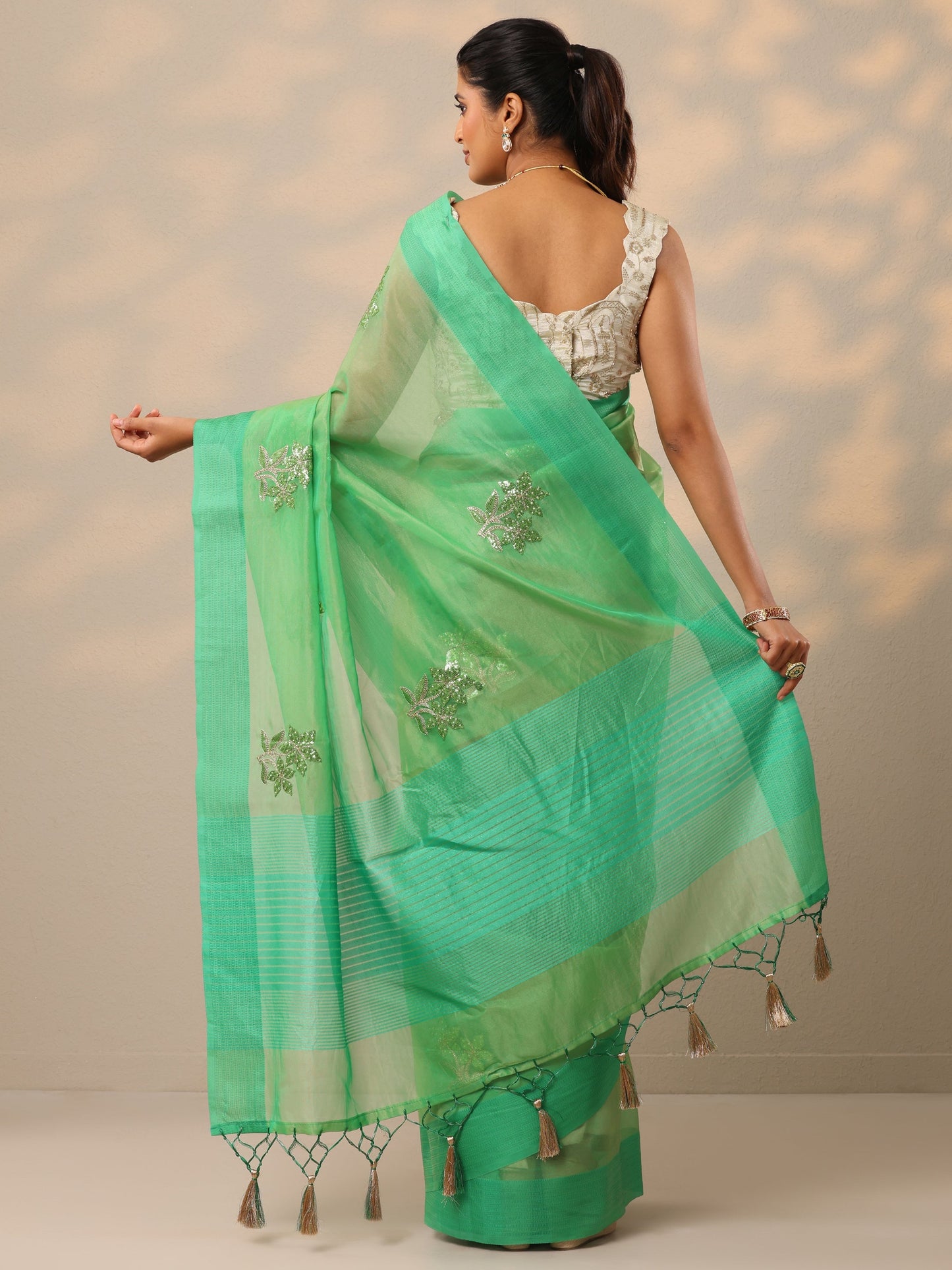 Green Embellished Organza Sarees With Unstitched Blouse Piece