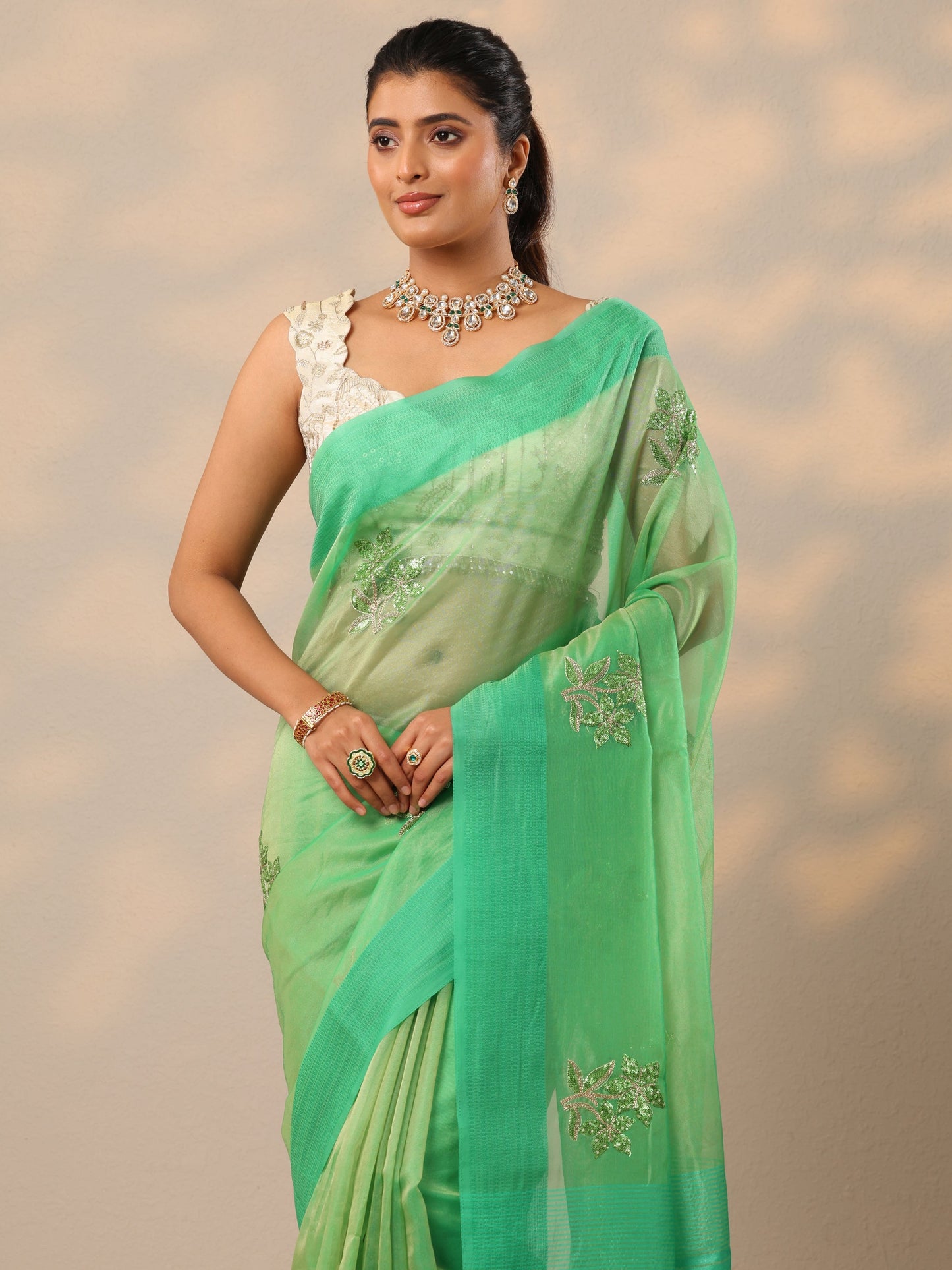 Green Embellished Organza Sarees With Unstitched Blouse Piece