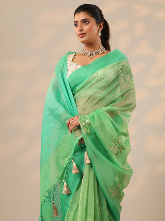 Green Embellished Organza Sarees With Unstitched Blouse Piece