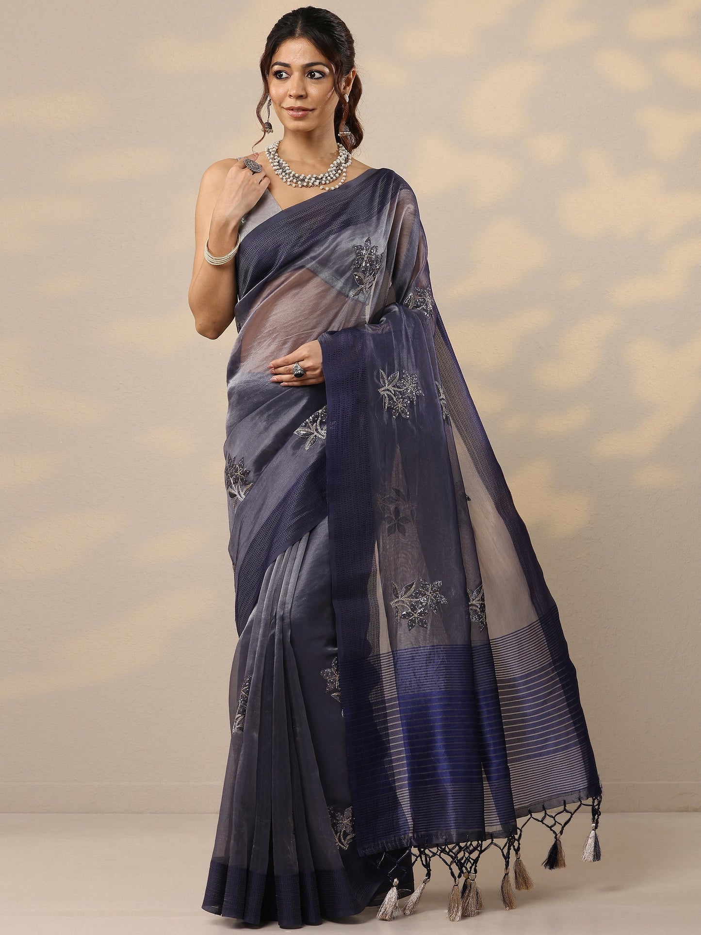 Purple Embellished Organza Sarees With Unstitched Blouse Piece