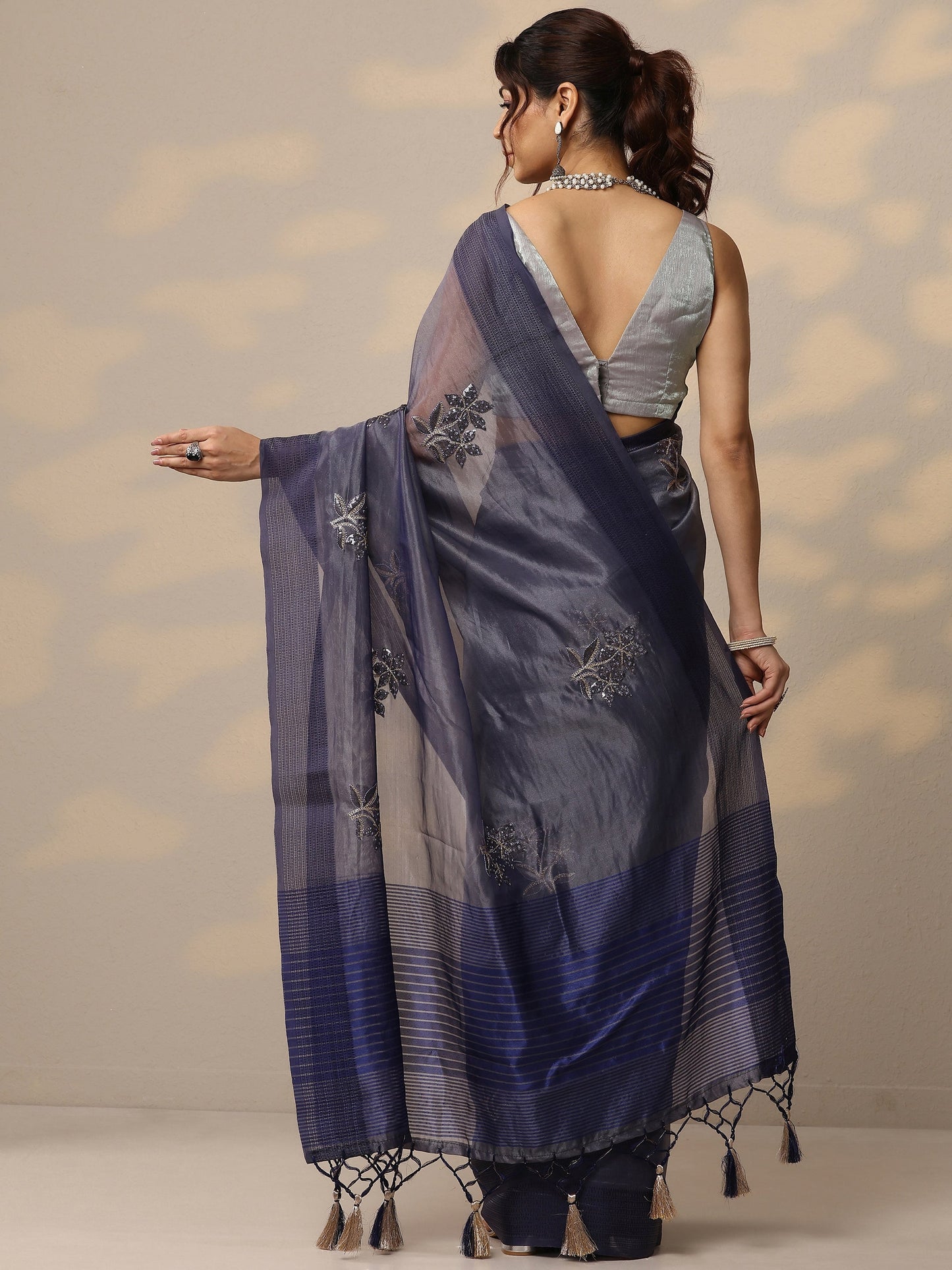 Purple Embellished Organza Sarees With Unstitched Blouse Piece