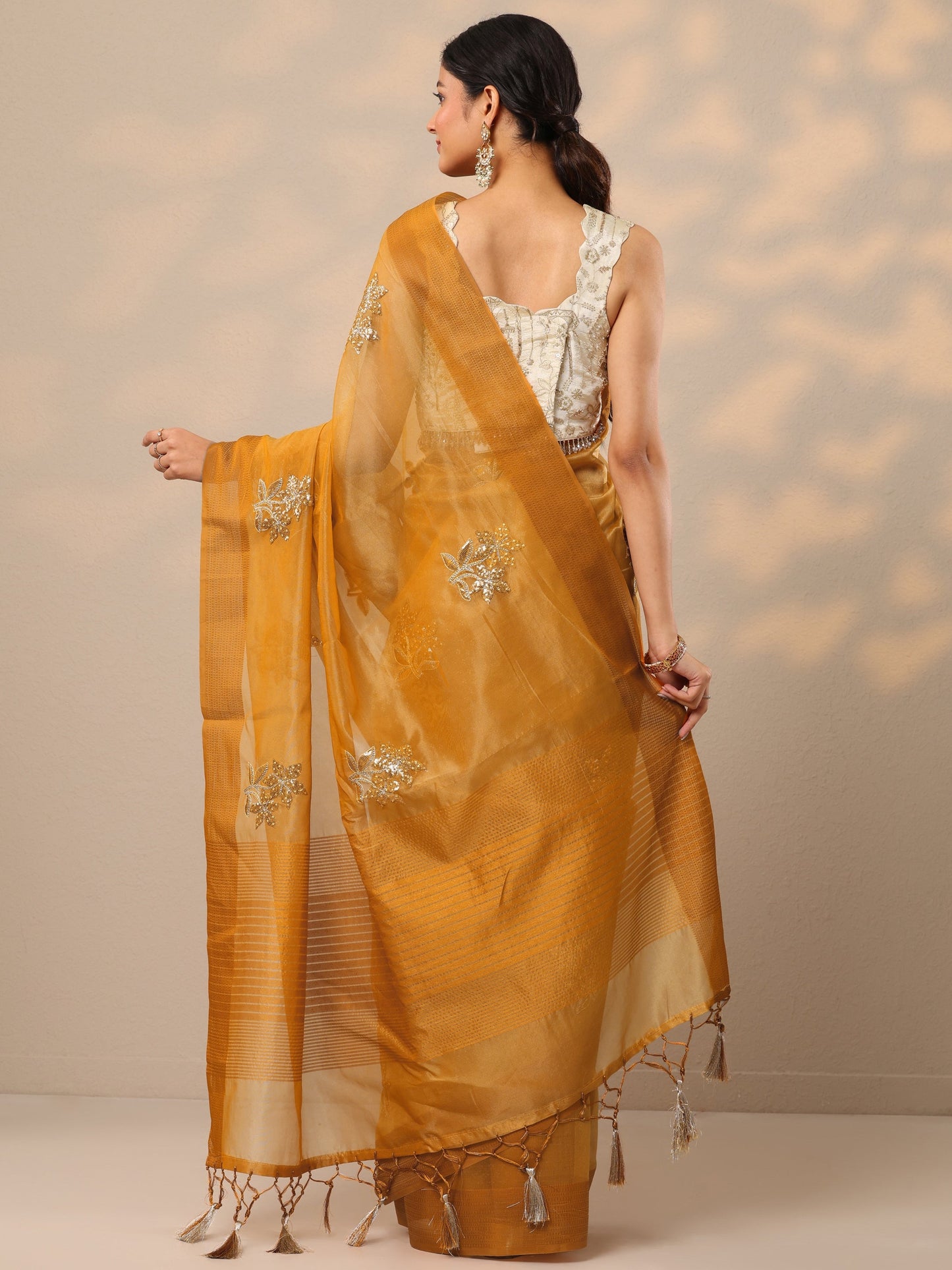 Mustard Embellished Organza Sarees With Unstitched Blouse Piece