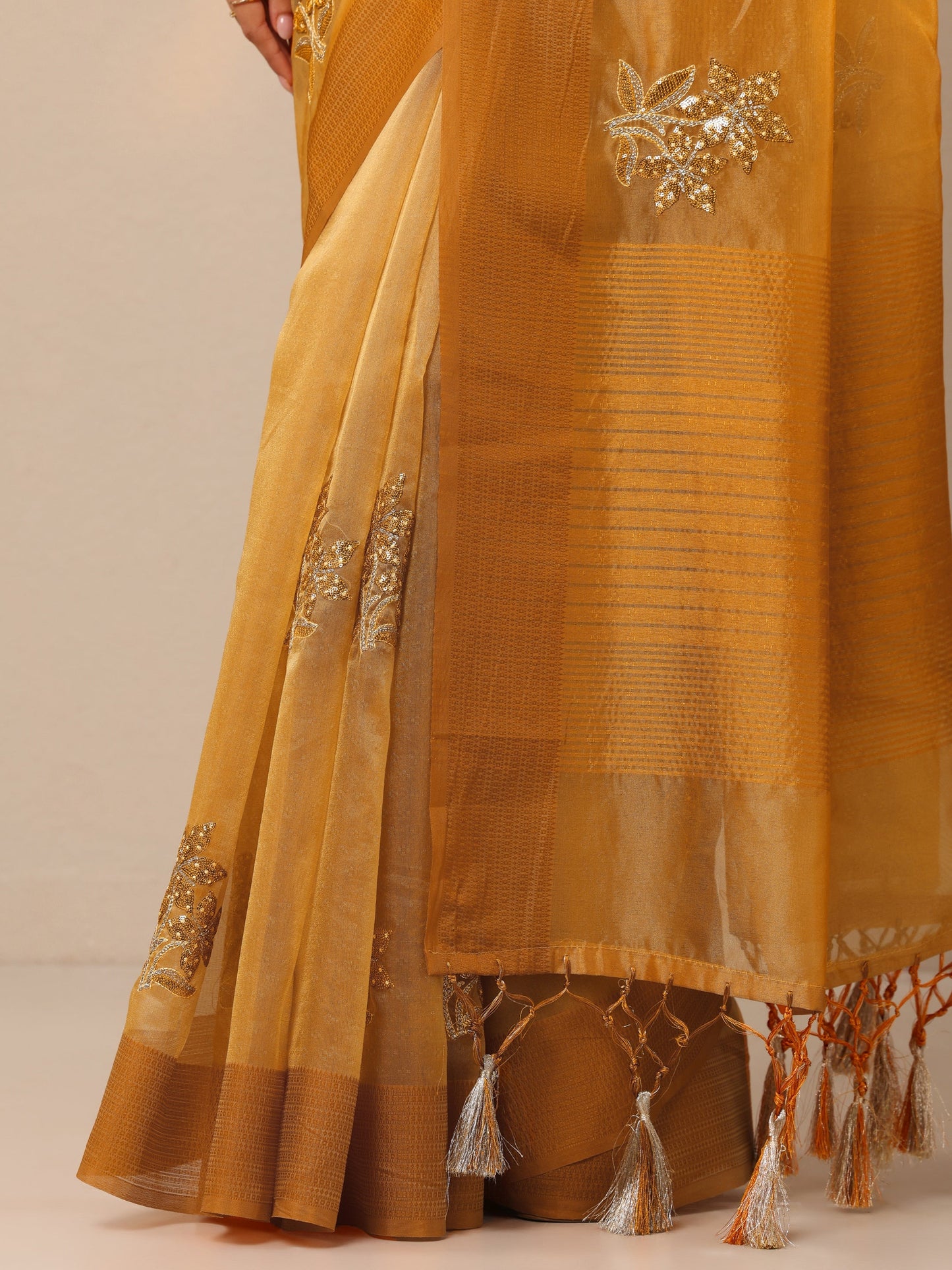 Mustard Embellished Organza Sarees With Unstitched Blouse Piece