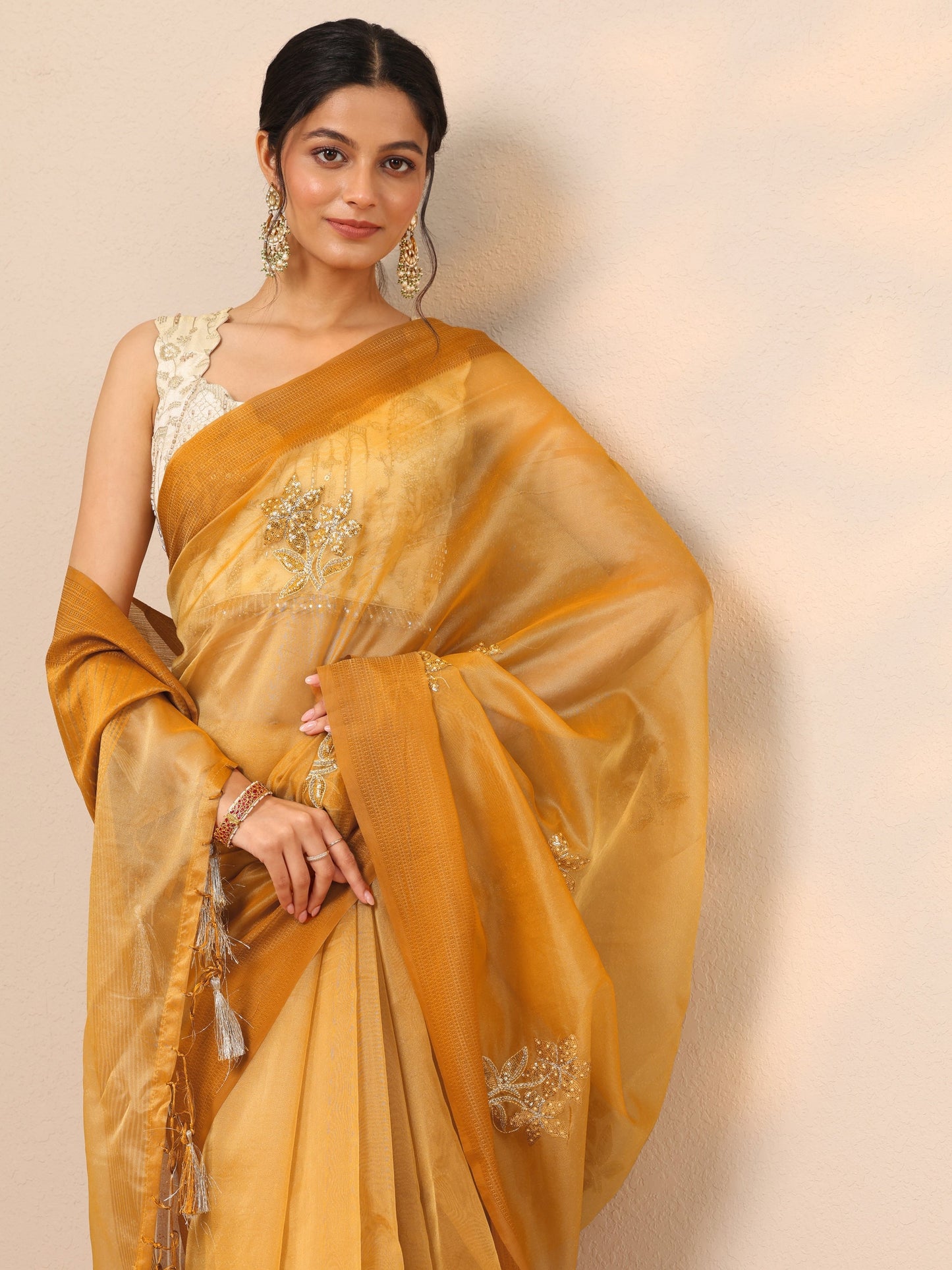 Mustard Embellished Organza Sarees With Unstitched Blouse Piece
