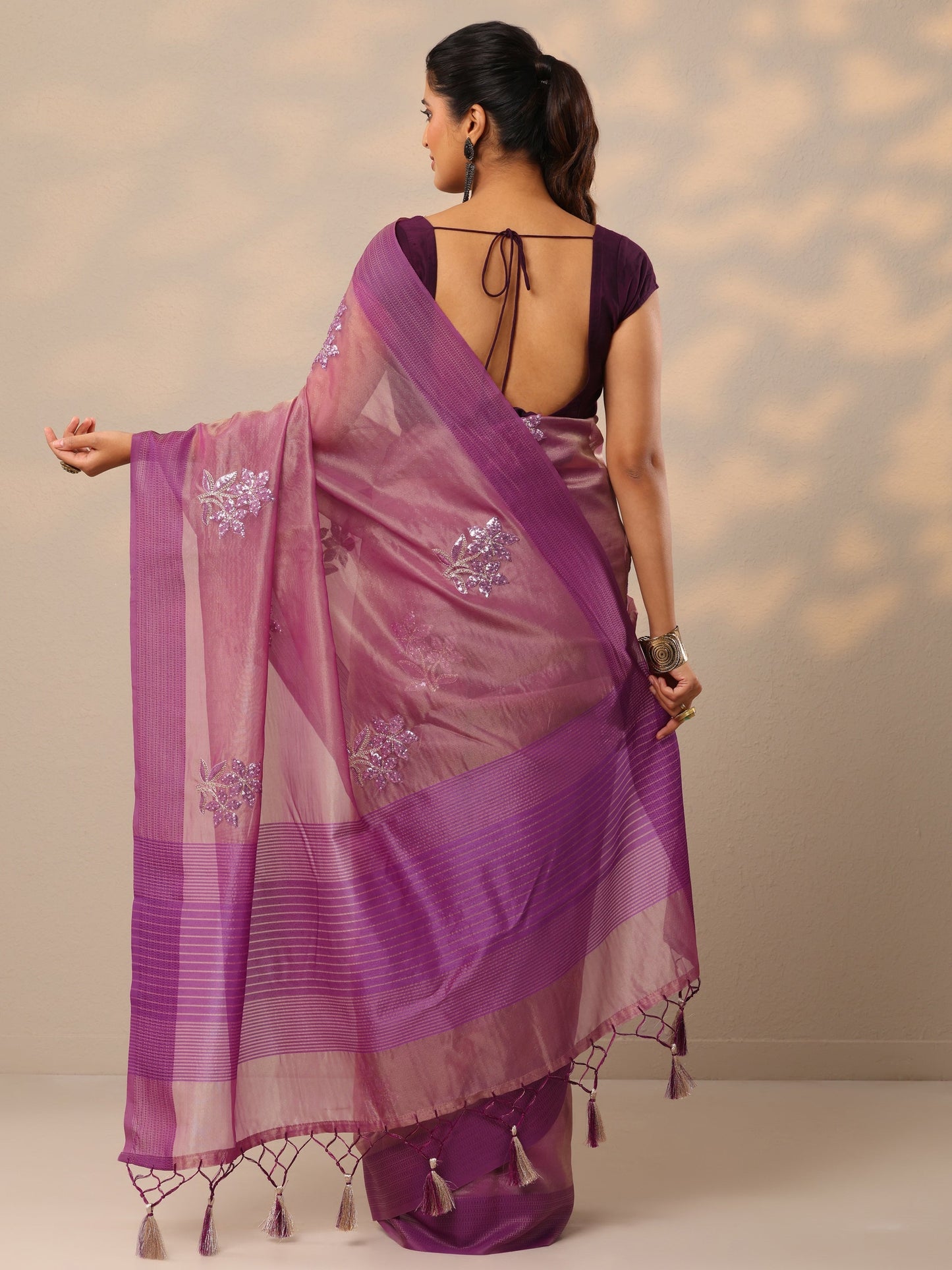 Mauve Embroidered Organza Saree With Unstitched Blouse Piece