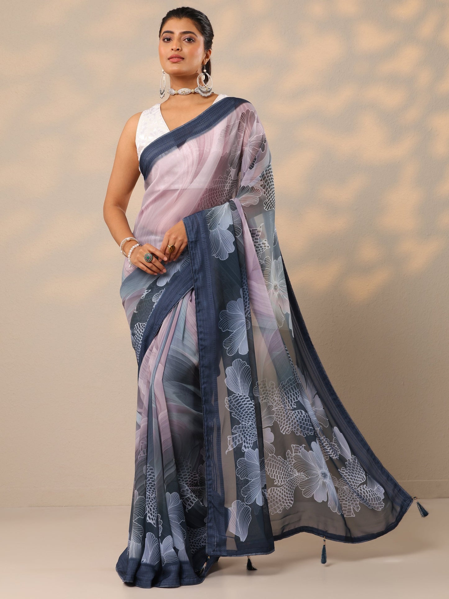 Blue Printed Georgette Sarees With Unstitched Blouse Piece