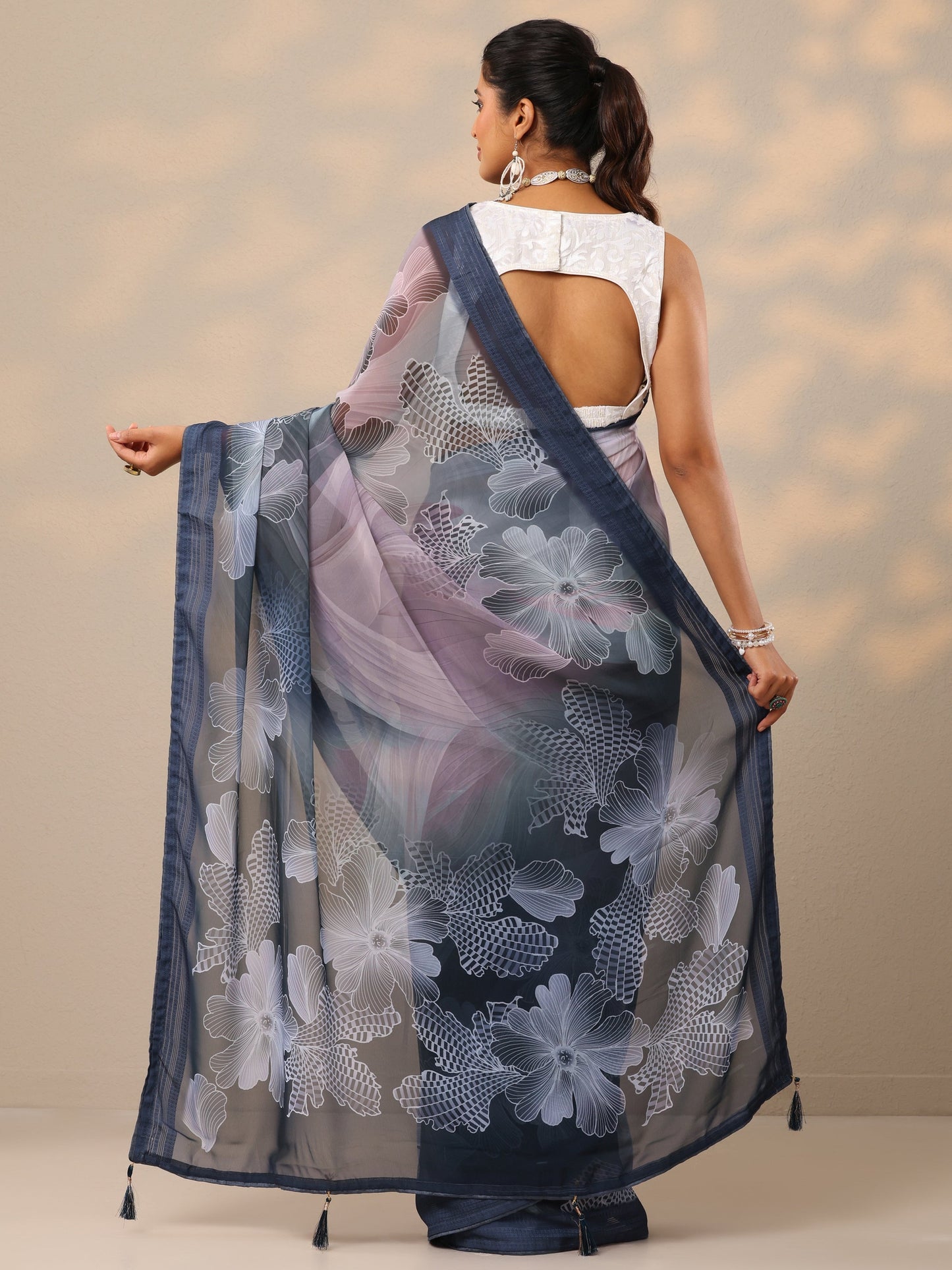 Blue Printed Georgette Sarees With Unstitched Blouse Piece