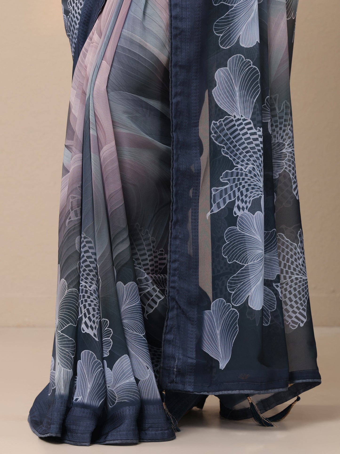 Blue Printed Georgette Sarees With Unstitched Blouse Piece