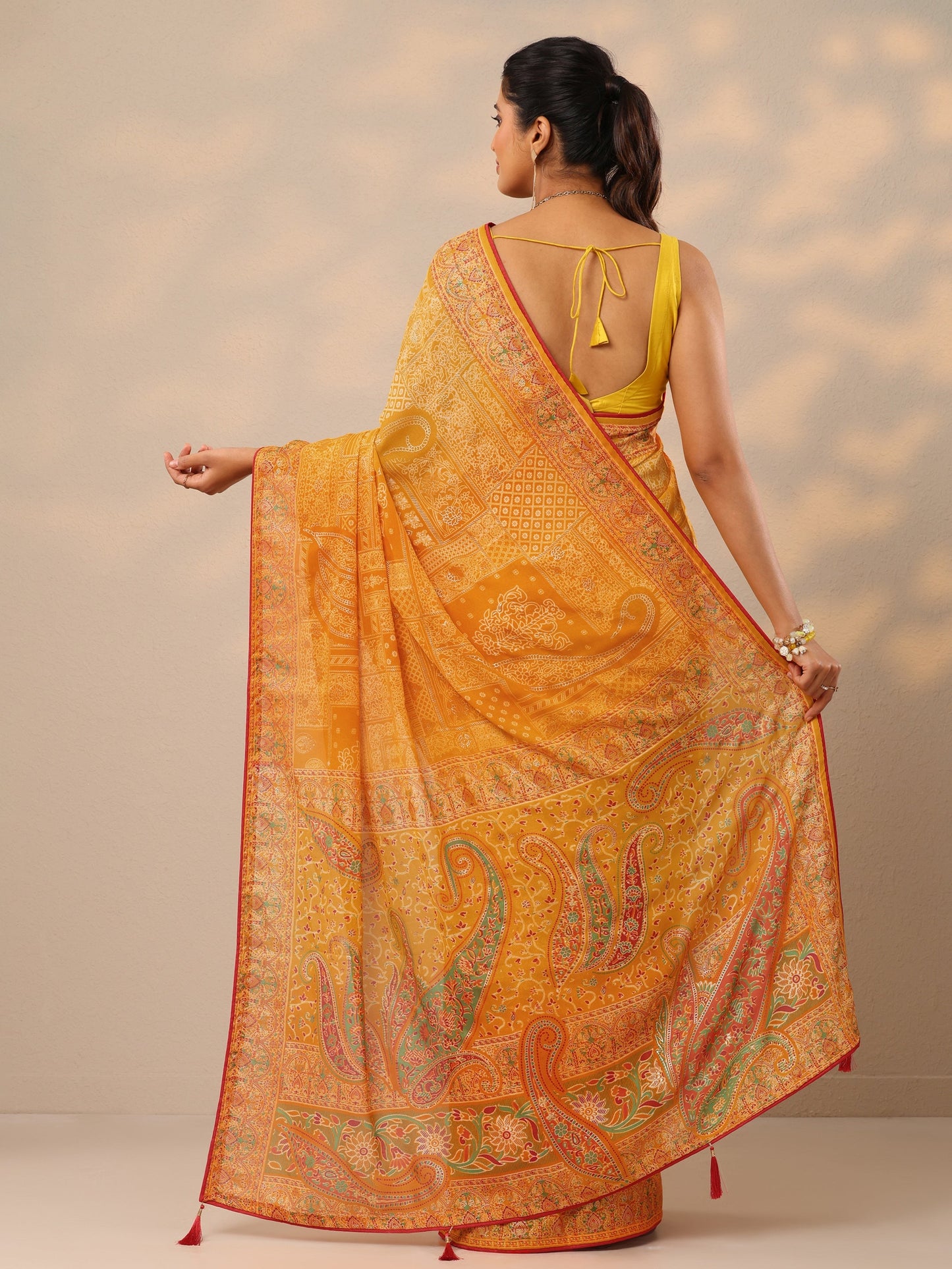 Yellow Printed Georgette Sarees With Unstitched Blouse Piece