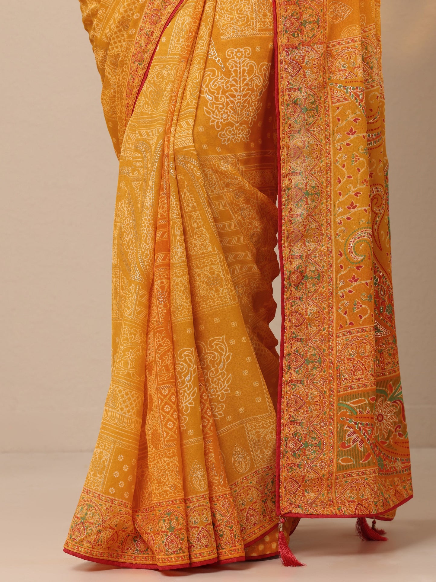 Yellow Printed Georgette Sarees With Unstitched Blouse Piece