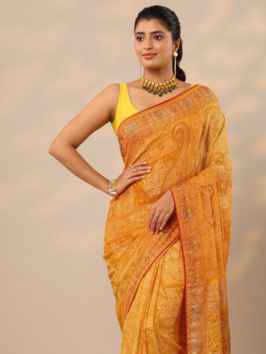 Yellow Printed Georgette Sarees With Unstitched Blouse Piece
