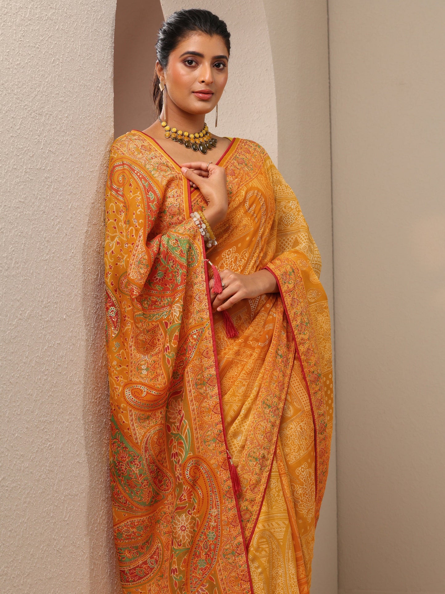 Yellow Printed Georgette Sarees With Unstitched Blouse Piece