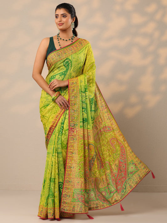 Green Printed Georgette Sarees With Unstitched Blouse Piece