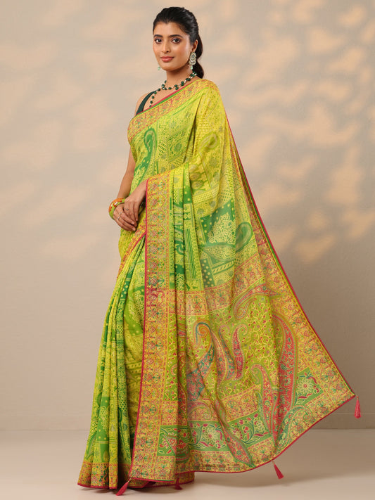 Green Printed Georgette Sarees With Unstitched Blouse Piece