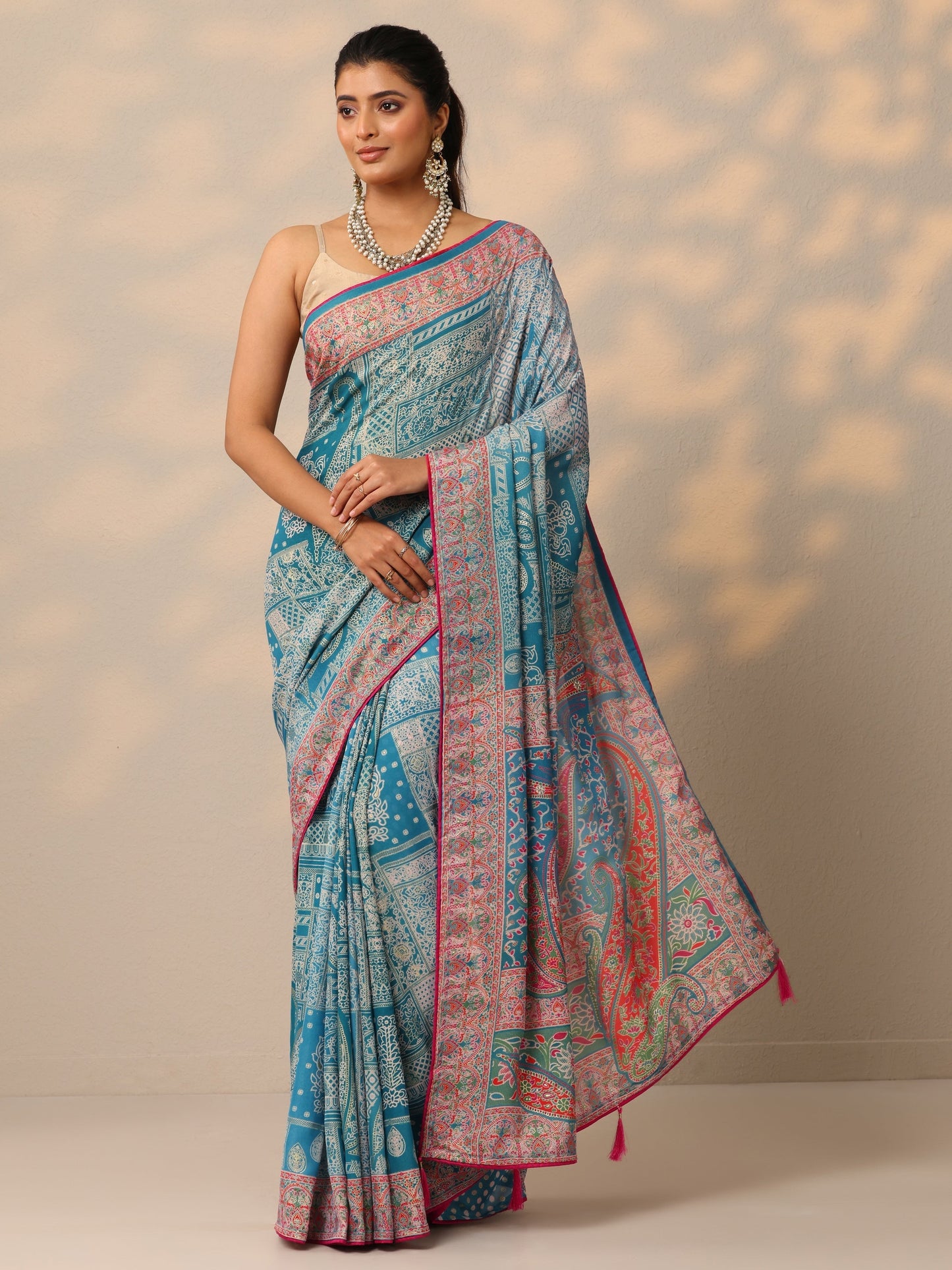 Blue Printed Georgette Sarees With Unstitched Blouse Piece