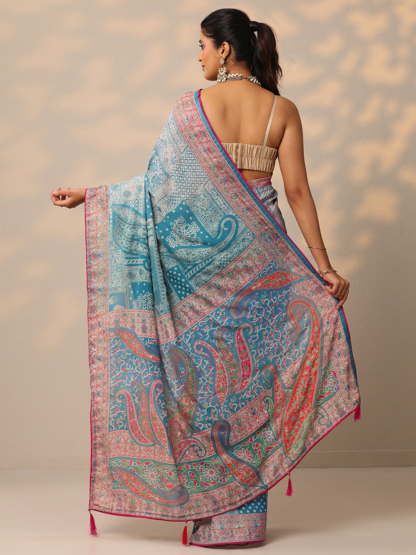 Blue Printed Georgette Sarees With Unstitched Blouse Piece