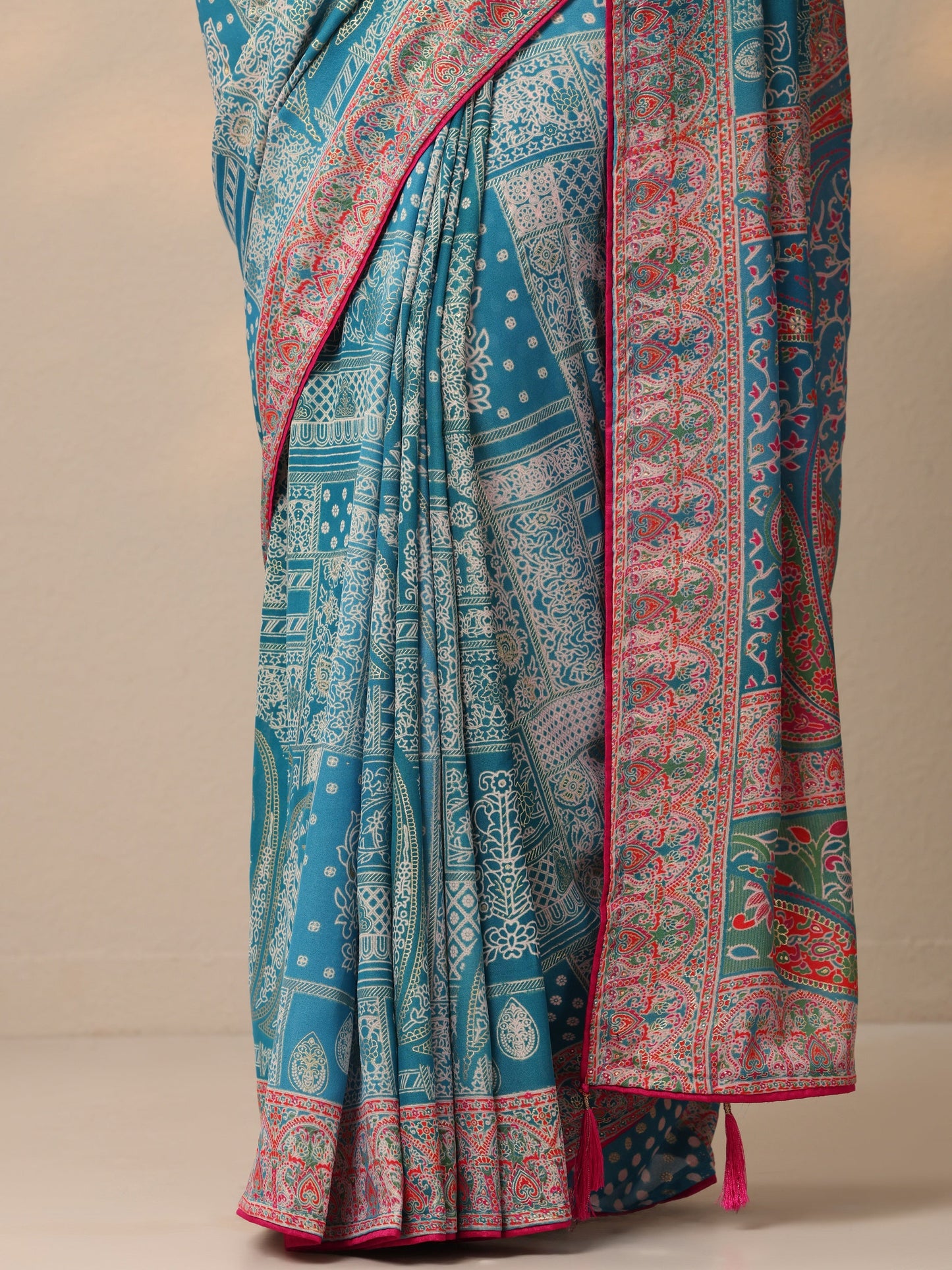 Blue Printed Georgette Sarees With Unstitched Blouse Piece