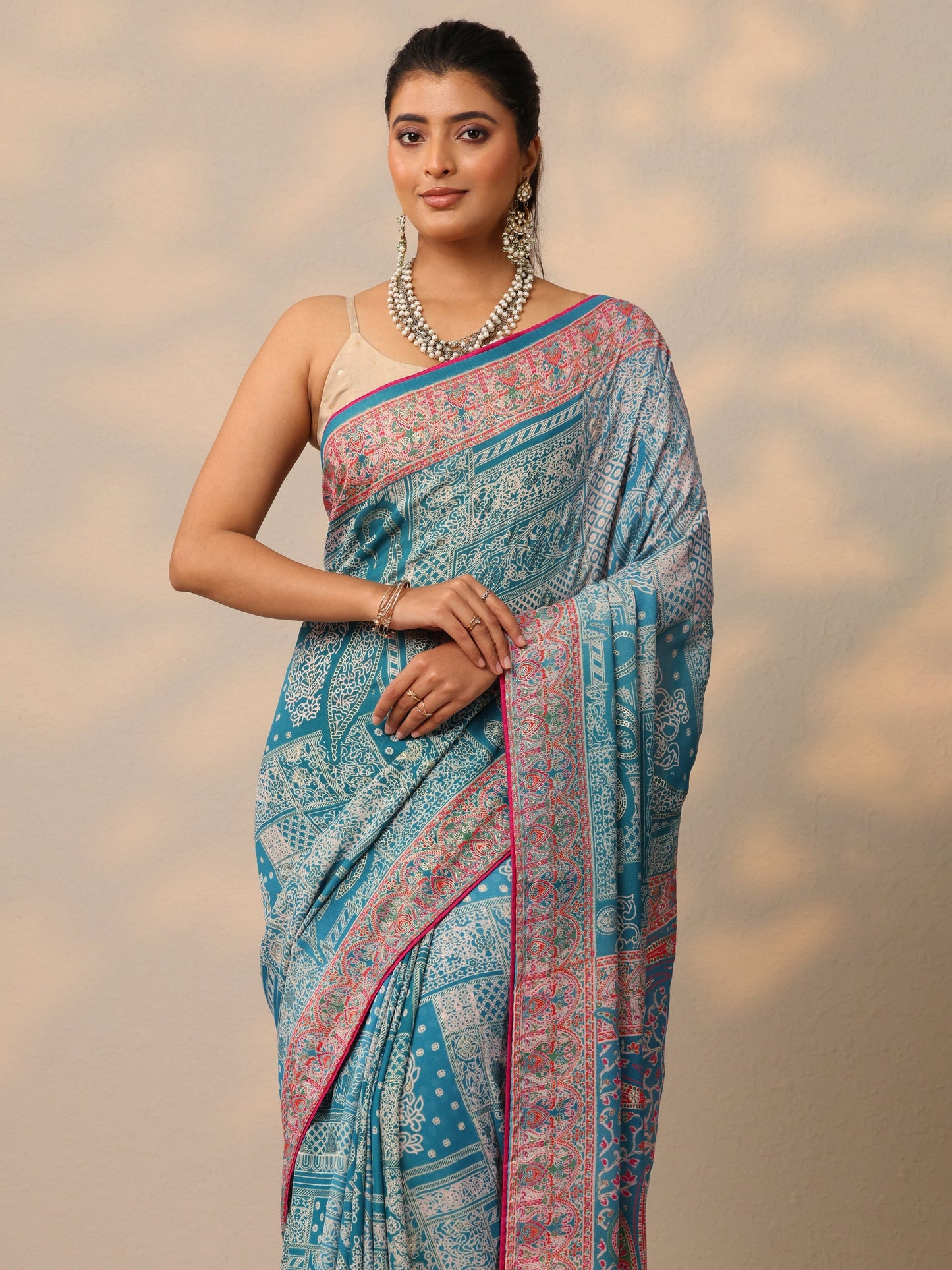 Blue Printed Georgette Sarees With Unstitched Blouse Piece