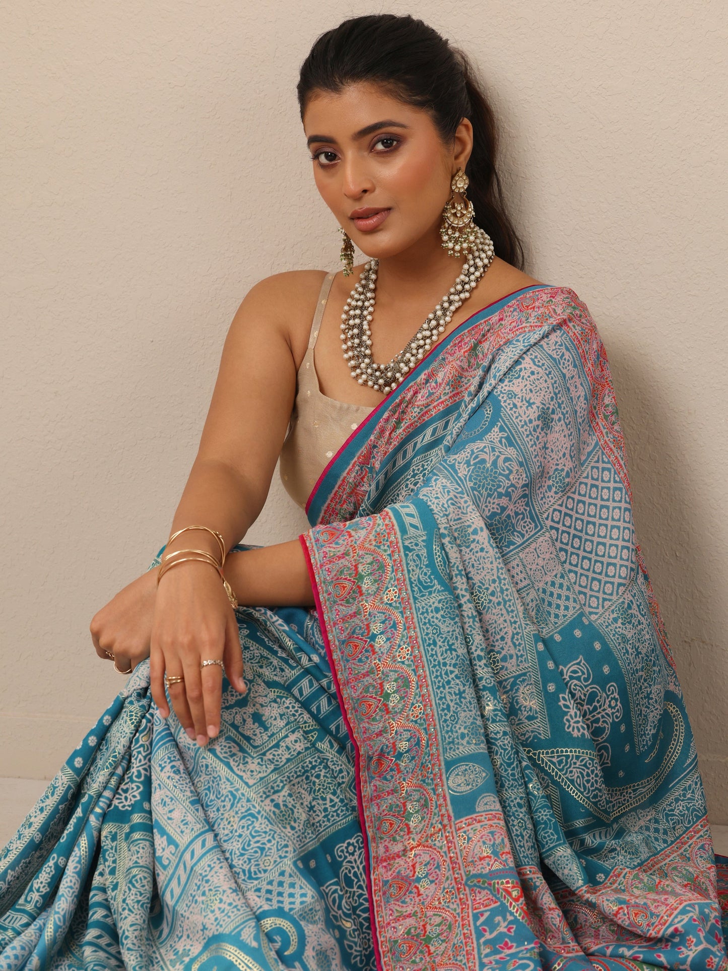 Blue Printed Georgette Sarees With Unstitched Blouse Piece