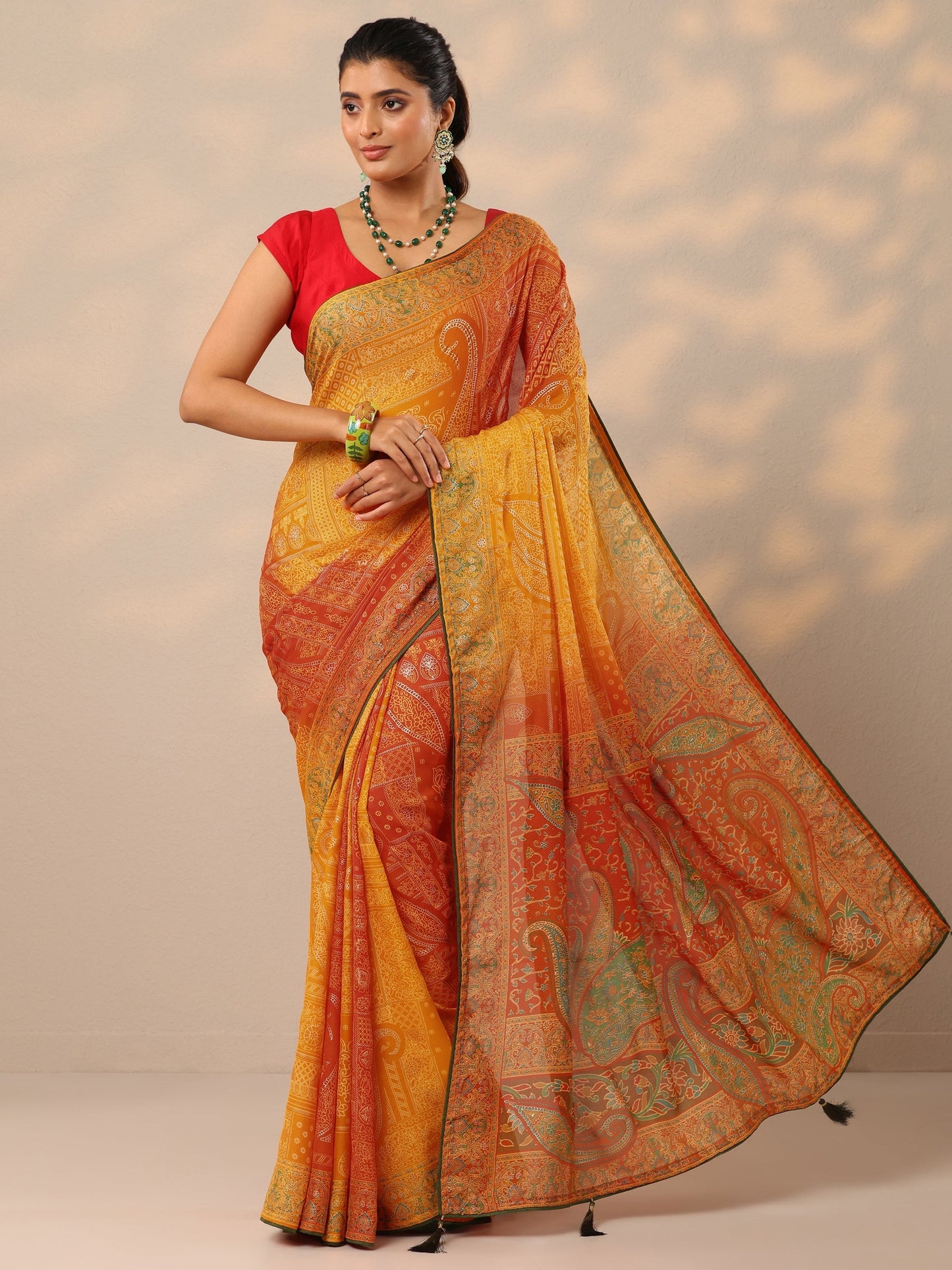 Orange Printed Georgette Sarees With Unstitched Blouse Piece