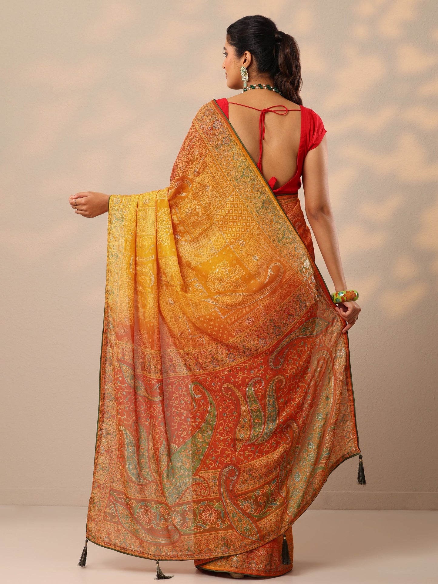 Orange Printed Georgette Sarees With Unstitched Blouse Piece