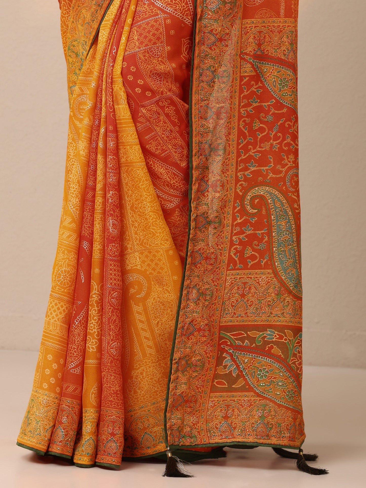 Orange Printed Georgette Sarees With Unstitched Blouse Piece