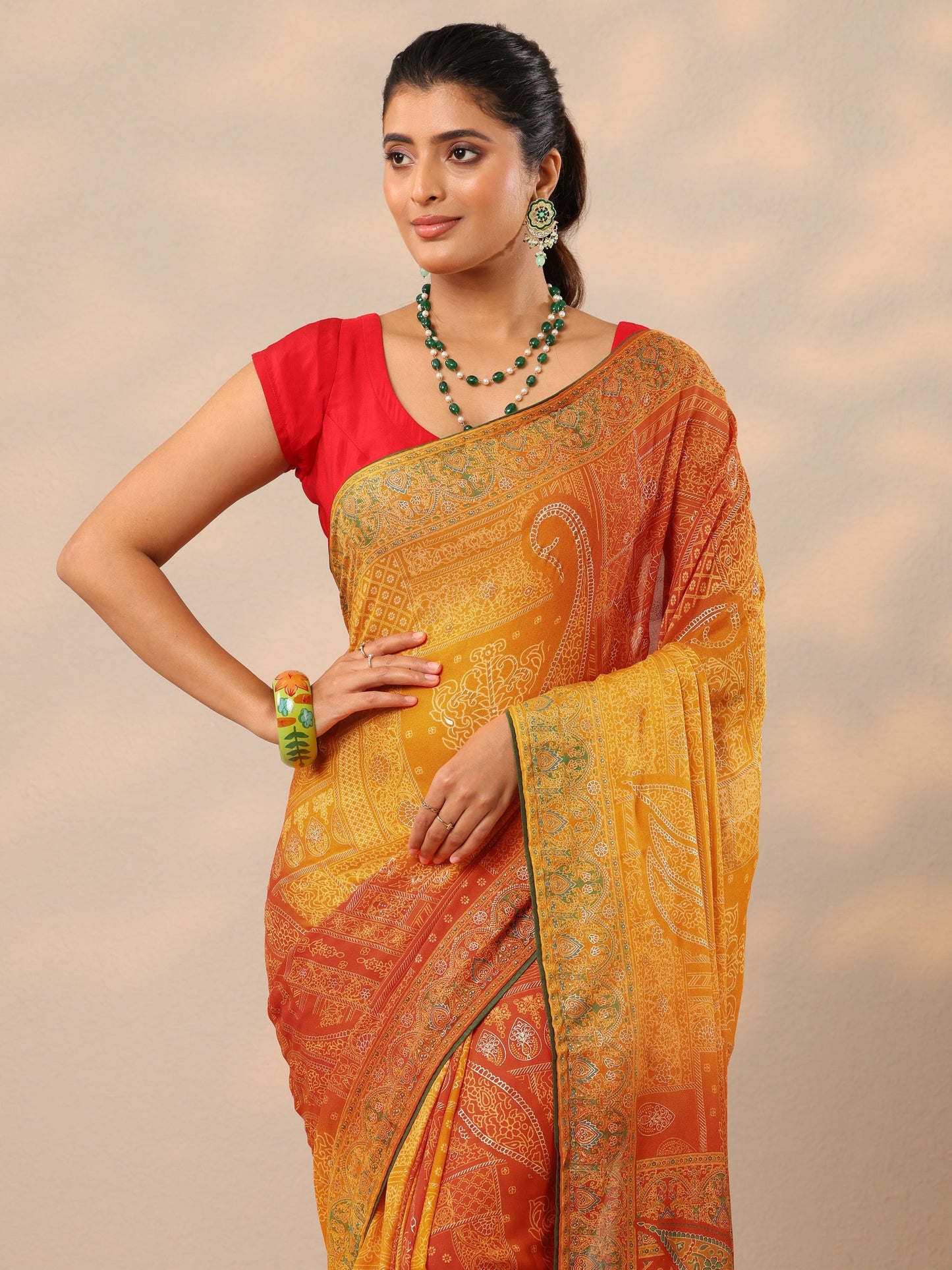 Orange Printed Georgette Sarees With Unstitched Blouse Piece