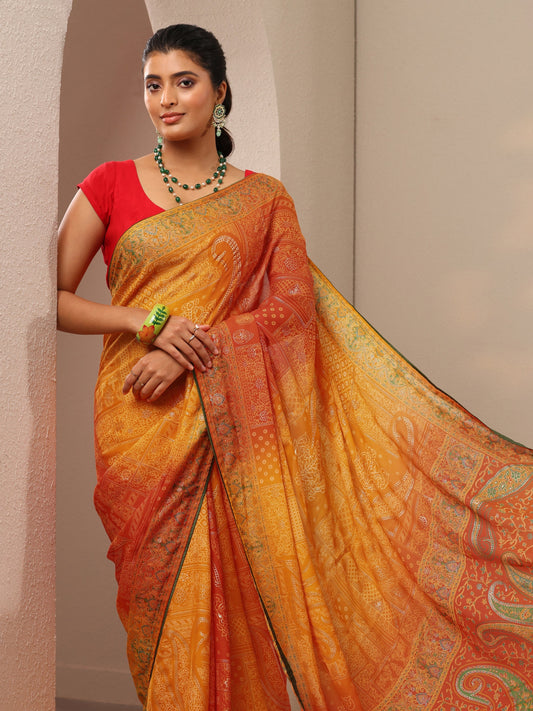 Orange Printed Georgette Sarees With Unstitched Blouse Piece