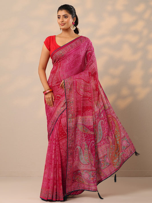 Pink Printed Georgette Sarees With Unstitched Blouse Piece