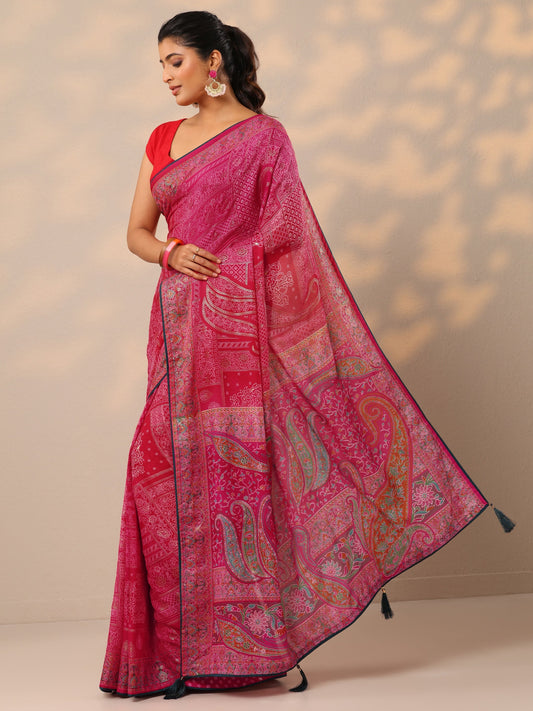 Pink Printed Georgette Sarees With Unstitched Blouse Piece
