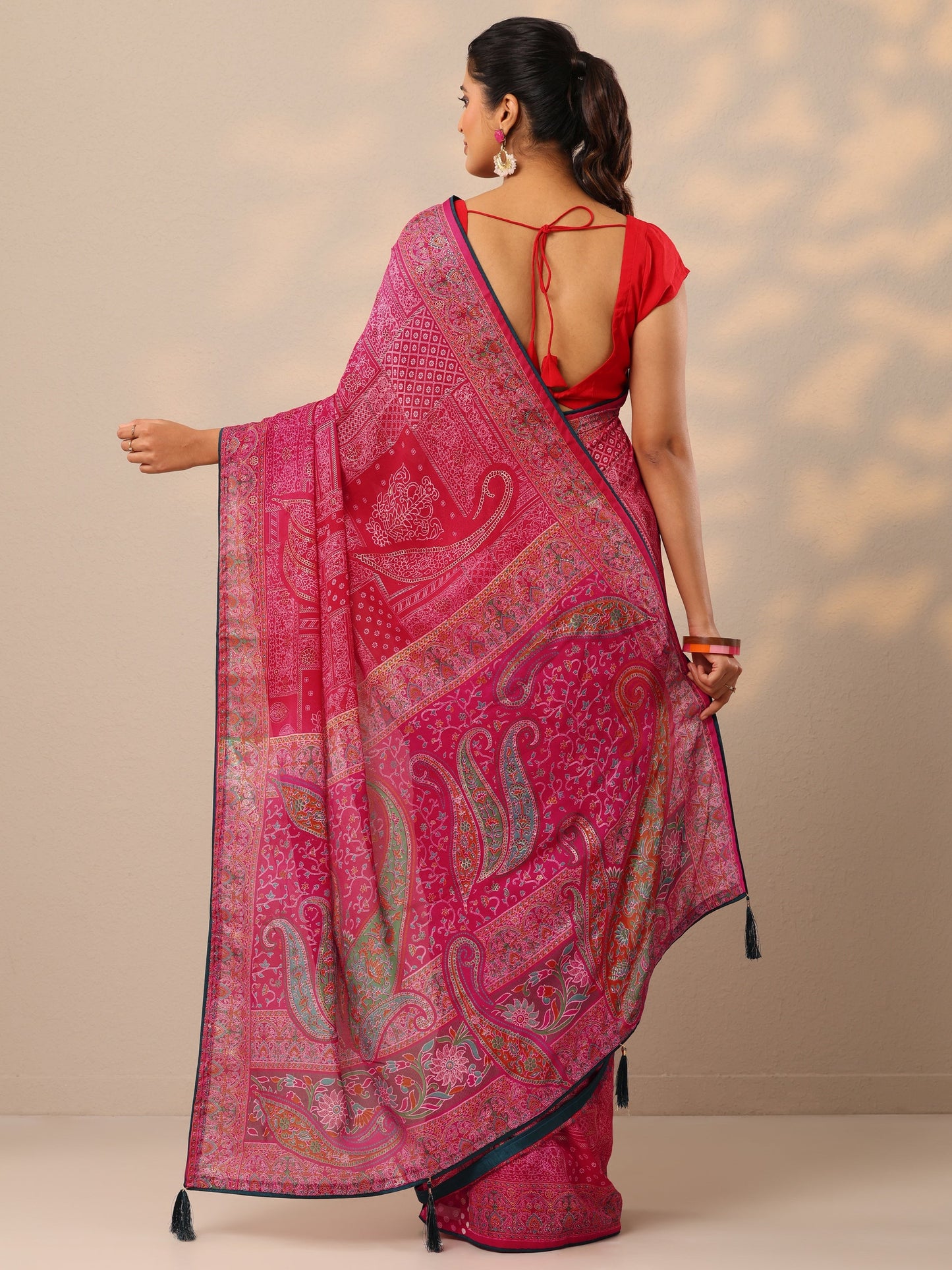 Pink Printed Georgette Sarees With Unstitched Blouse Piece