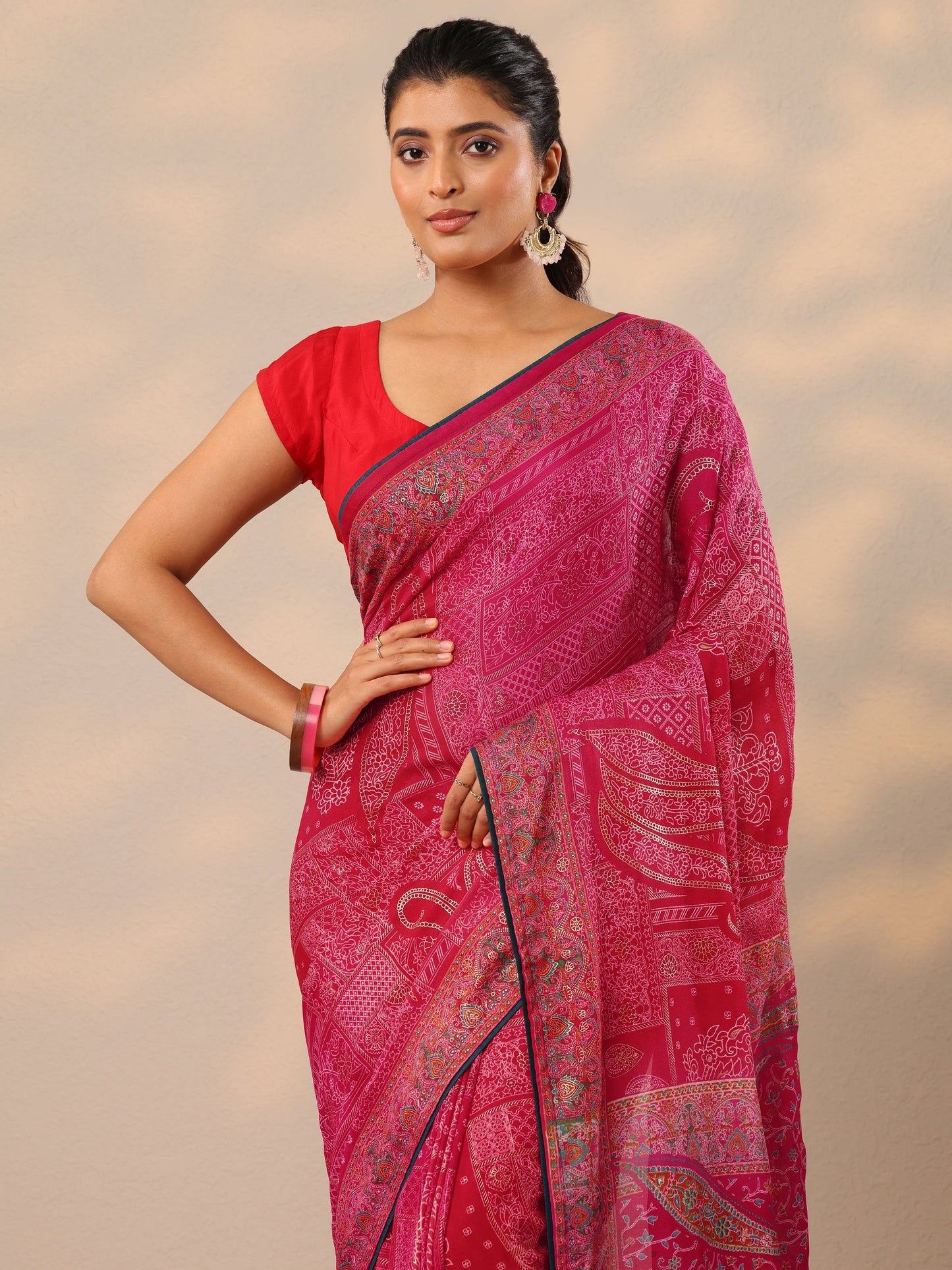 Pink Printed Georgette Sarees With Unstitched Blouse Piece