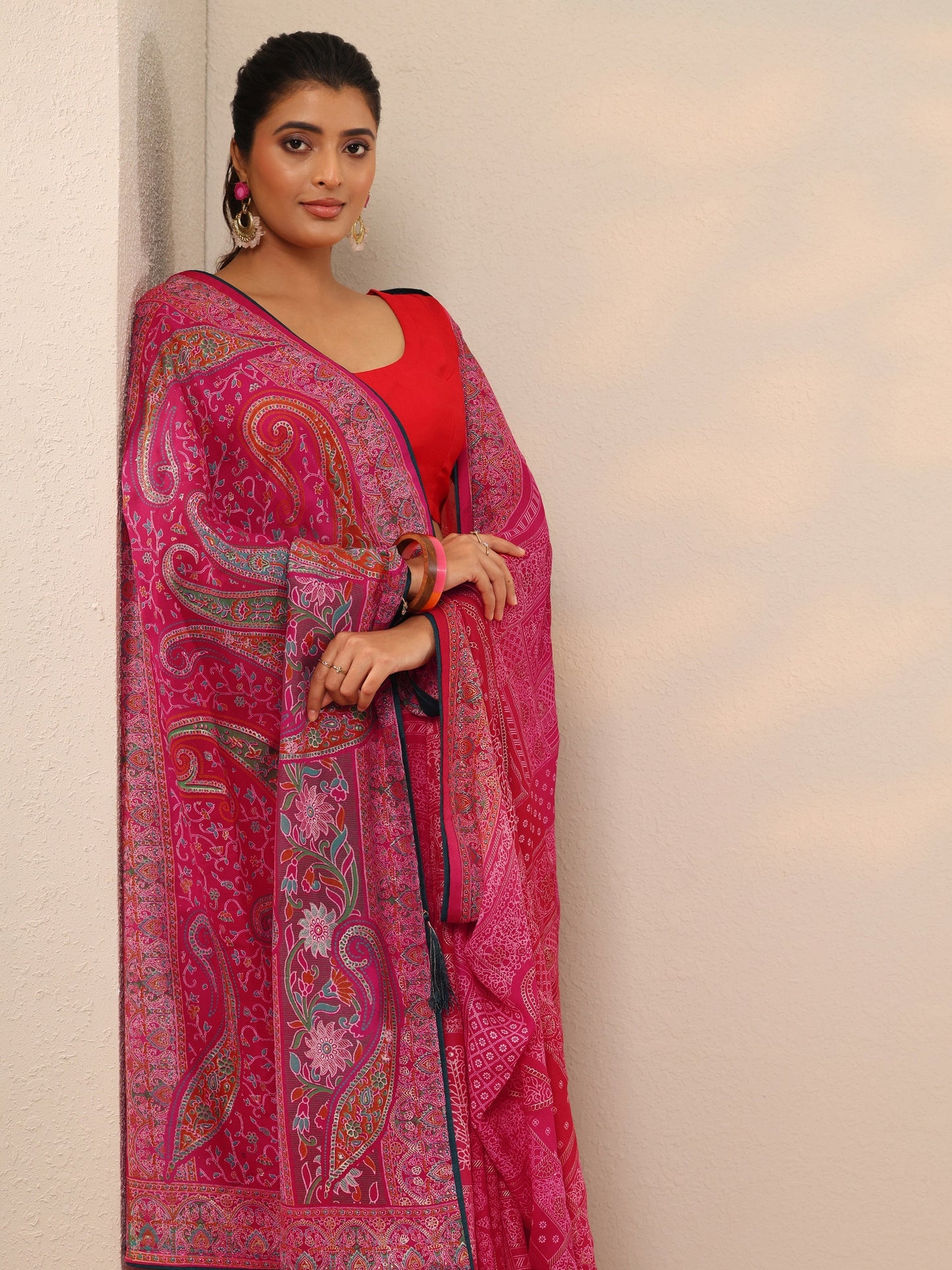 Pink Printed Georgette Sarees With Unstitched Blouse Piece