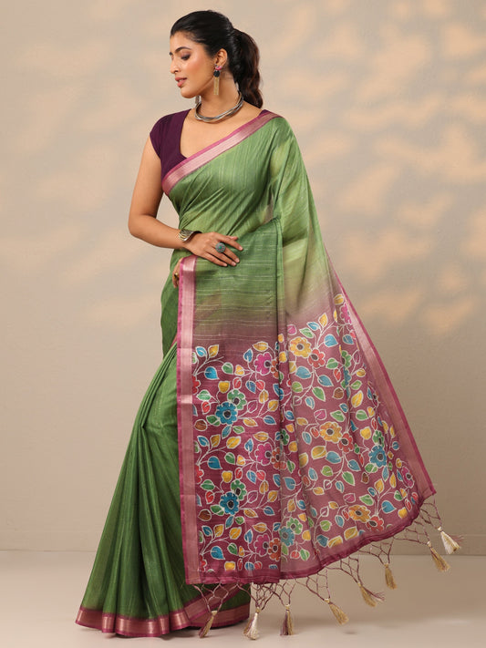 Green Printed Silk Blend Sarees With Unstitched Blouse Piece