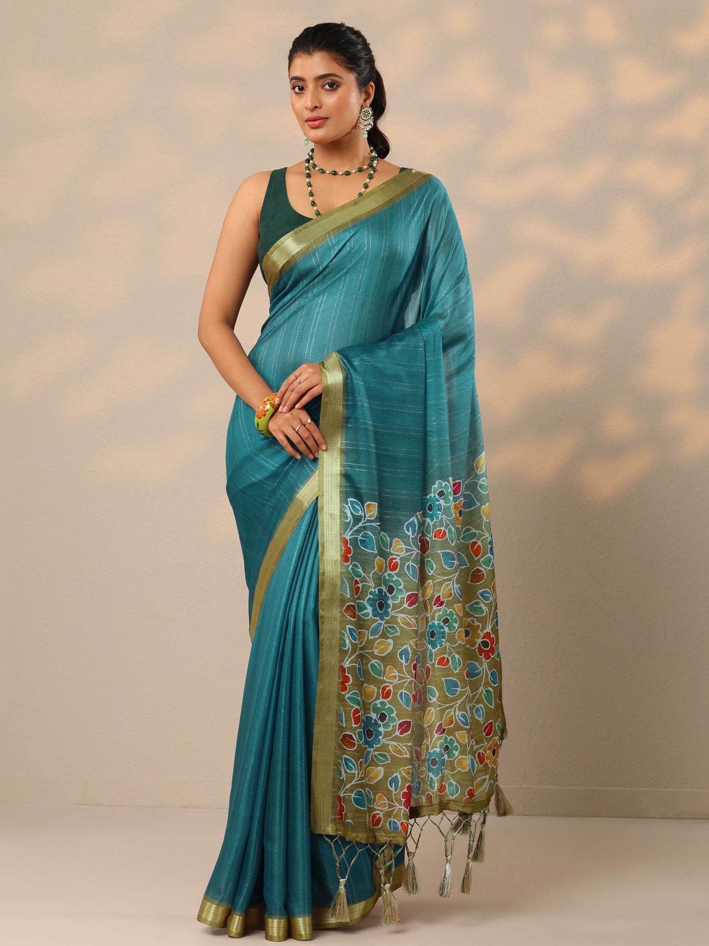 Teal Printed Silk Blend Sarees With Unstitched Blouse Piece