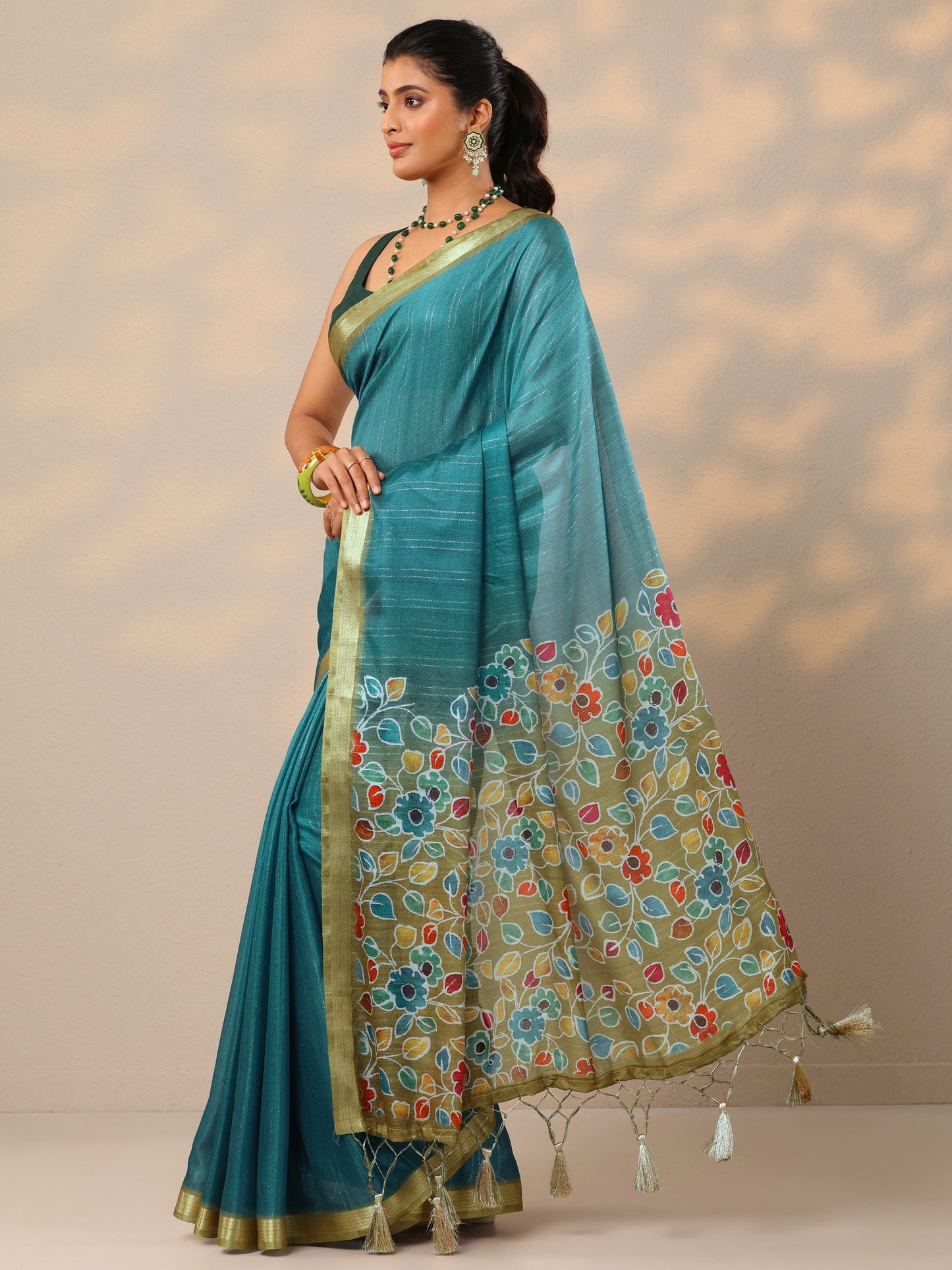 Teal Printed Silk Blend Sarees With Unstitched Blouse Piece