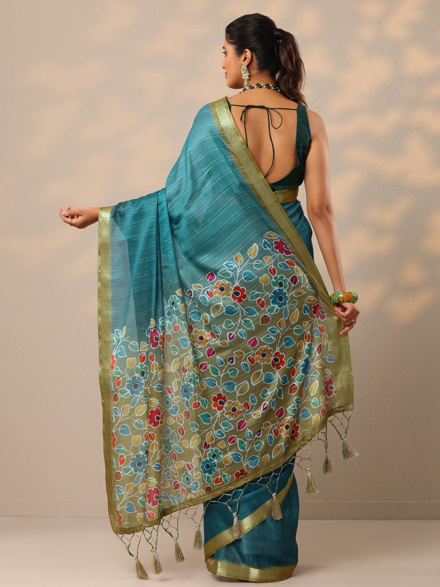 Teal Printed Silk Blend Sarees With Unstitched Blouse Piece