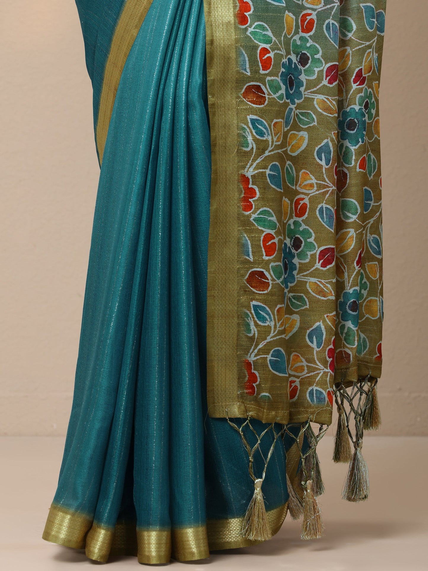 Teal Printed Silk Blend Sarees With Unstitched Blouse Piece