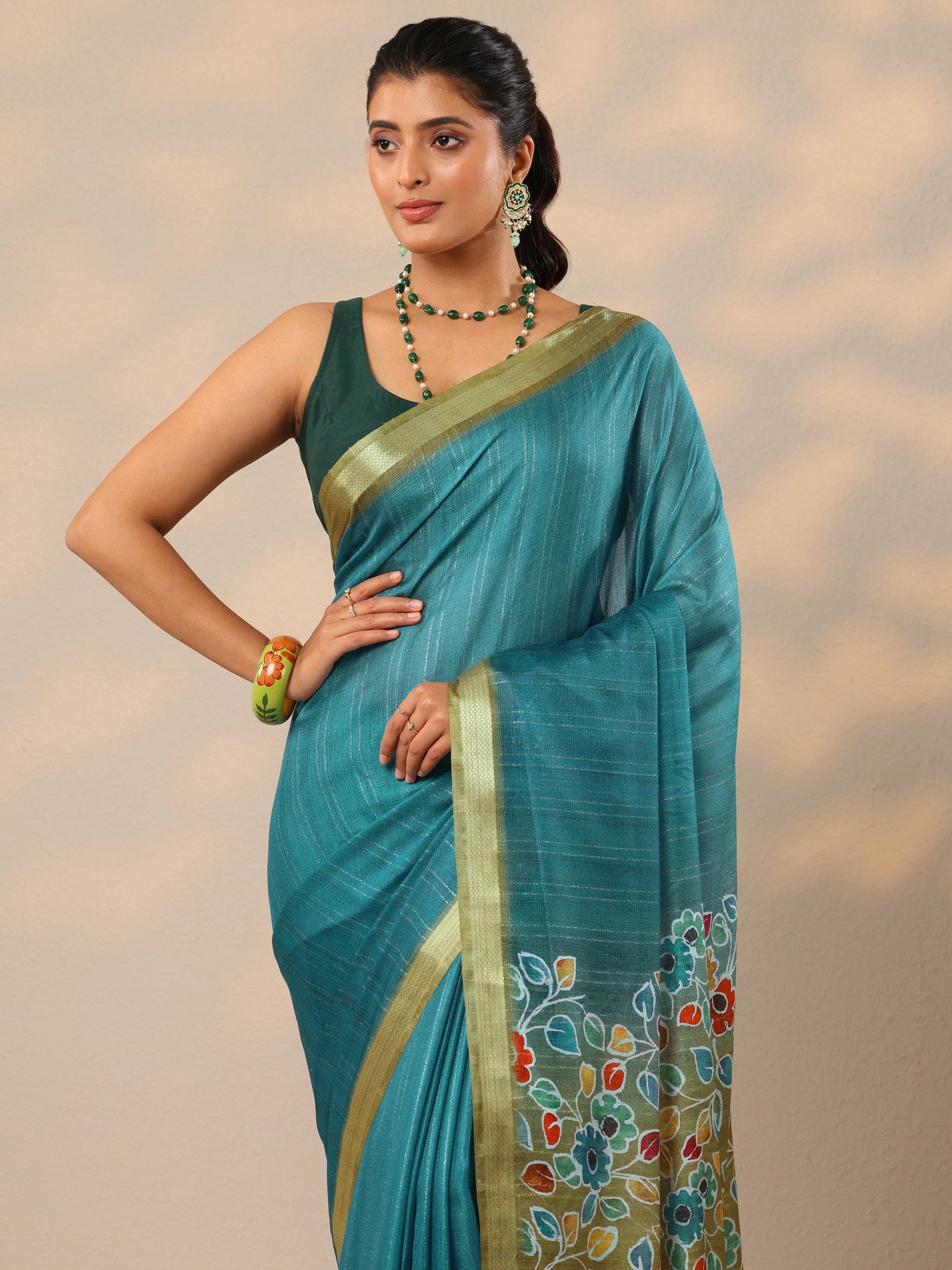 Teal Printed Silk Blend Sarees With Unstitched Blouse Piece