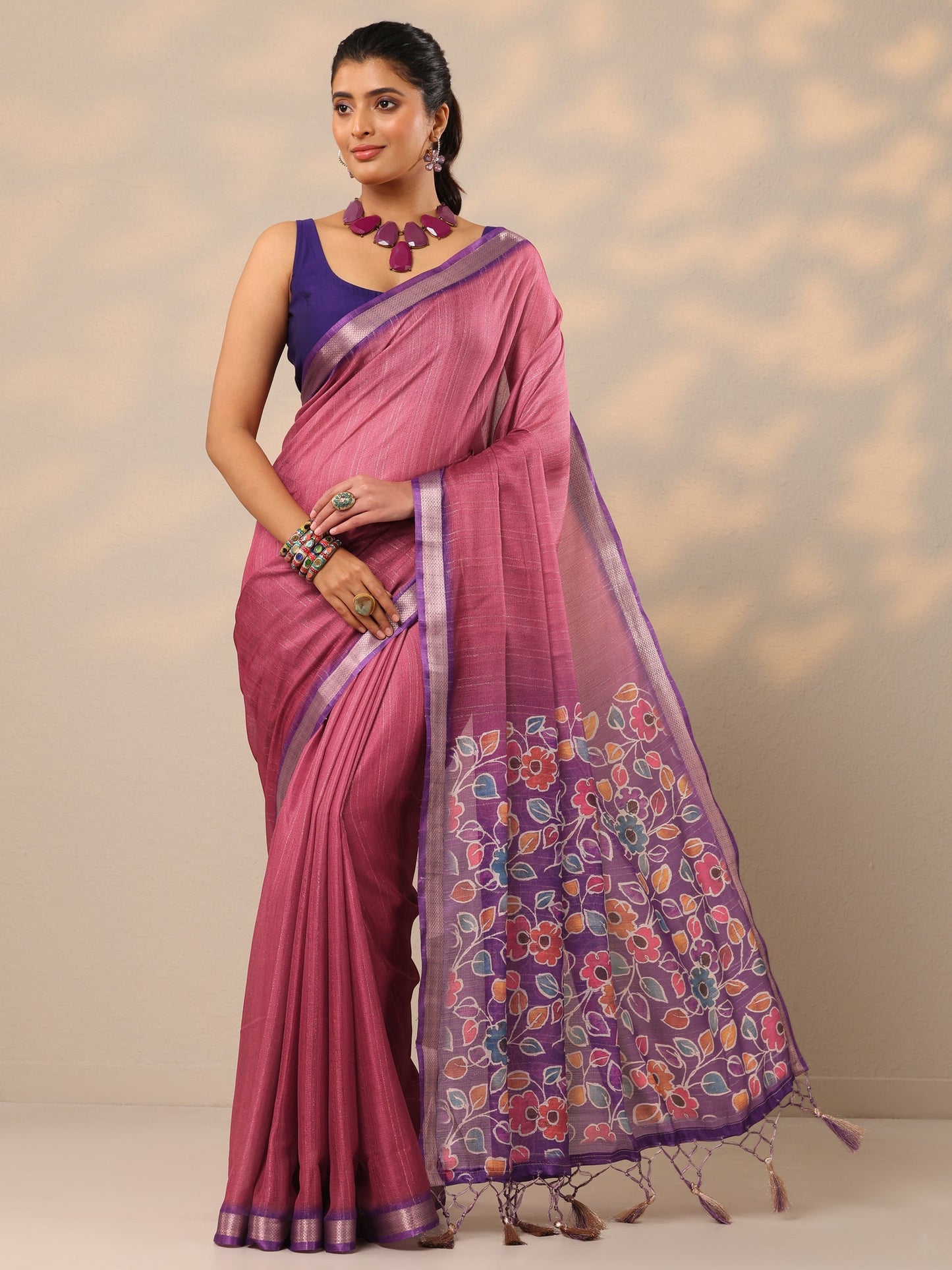 Mauve Printed Silk Blend Sarees With Unstitched Blouse Piece