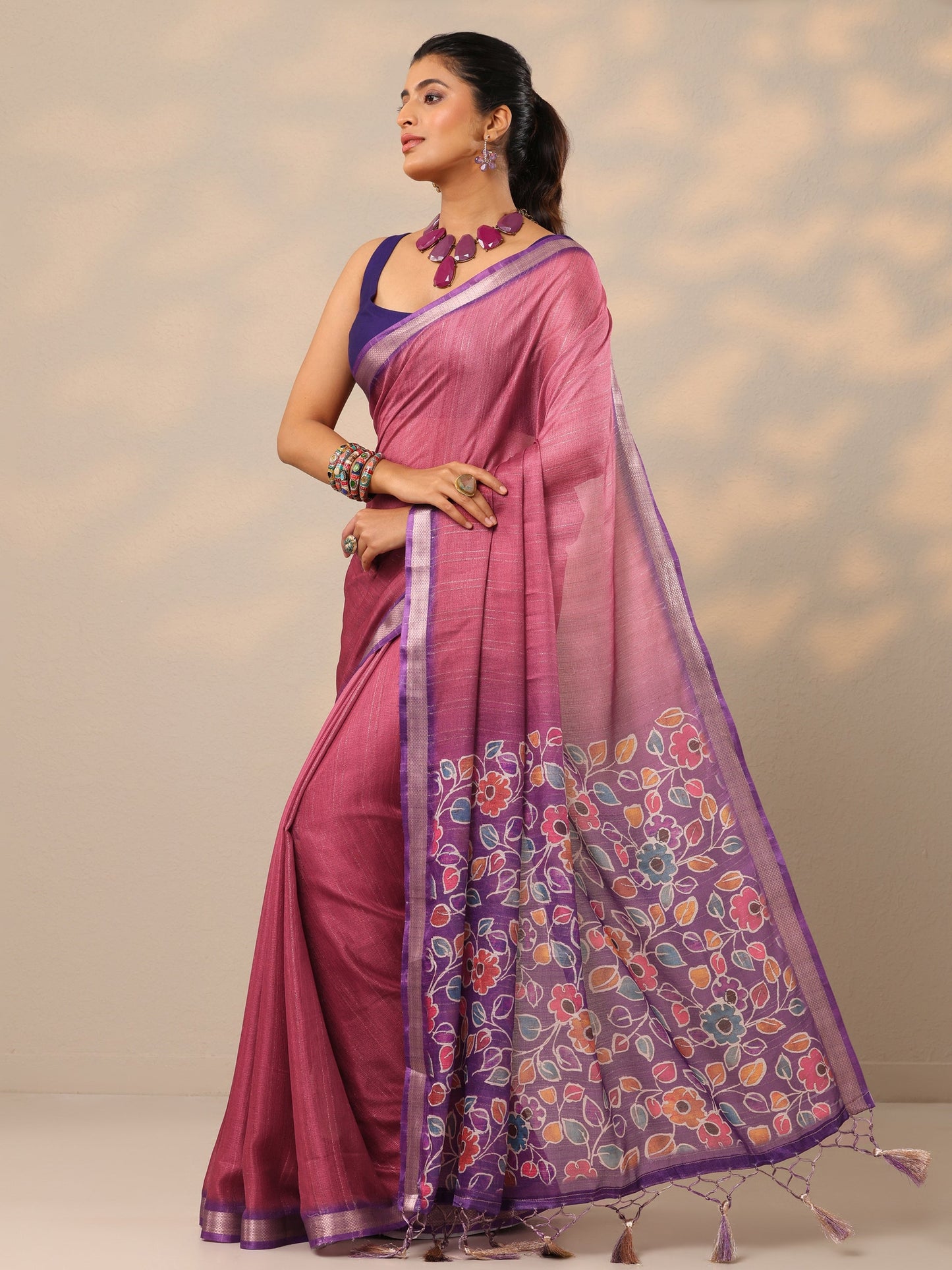 Mauve Printed Silk Blend Sarees With Unstitched Blouse Piece