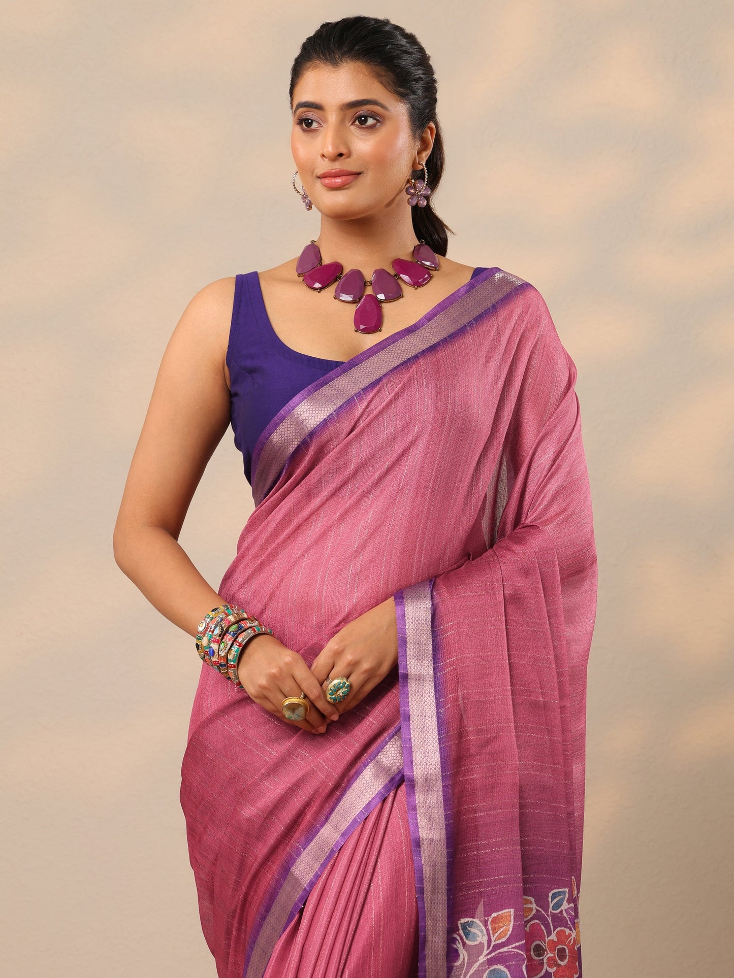 Mauve Printed Silk Blend Sarees With Unstitched Blouse Piece