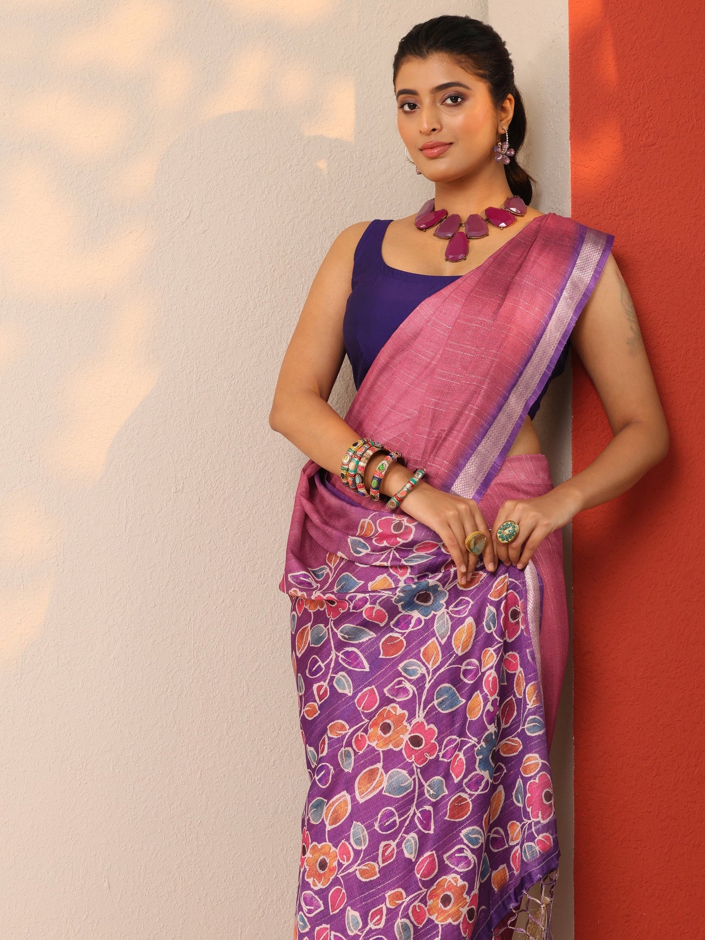 Mauve Printed Silk Blend Sarees With Unstitched Blouse Piece