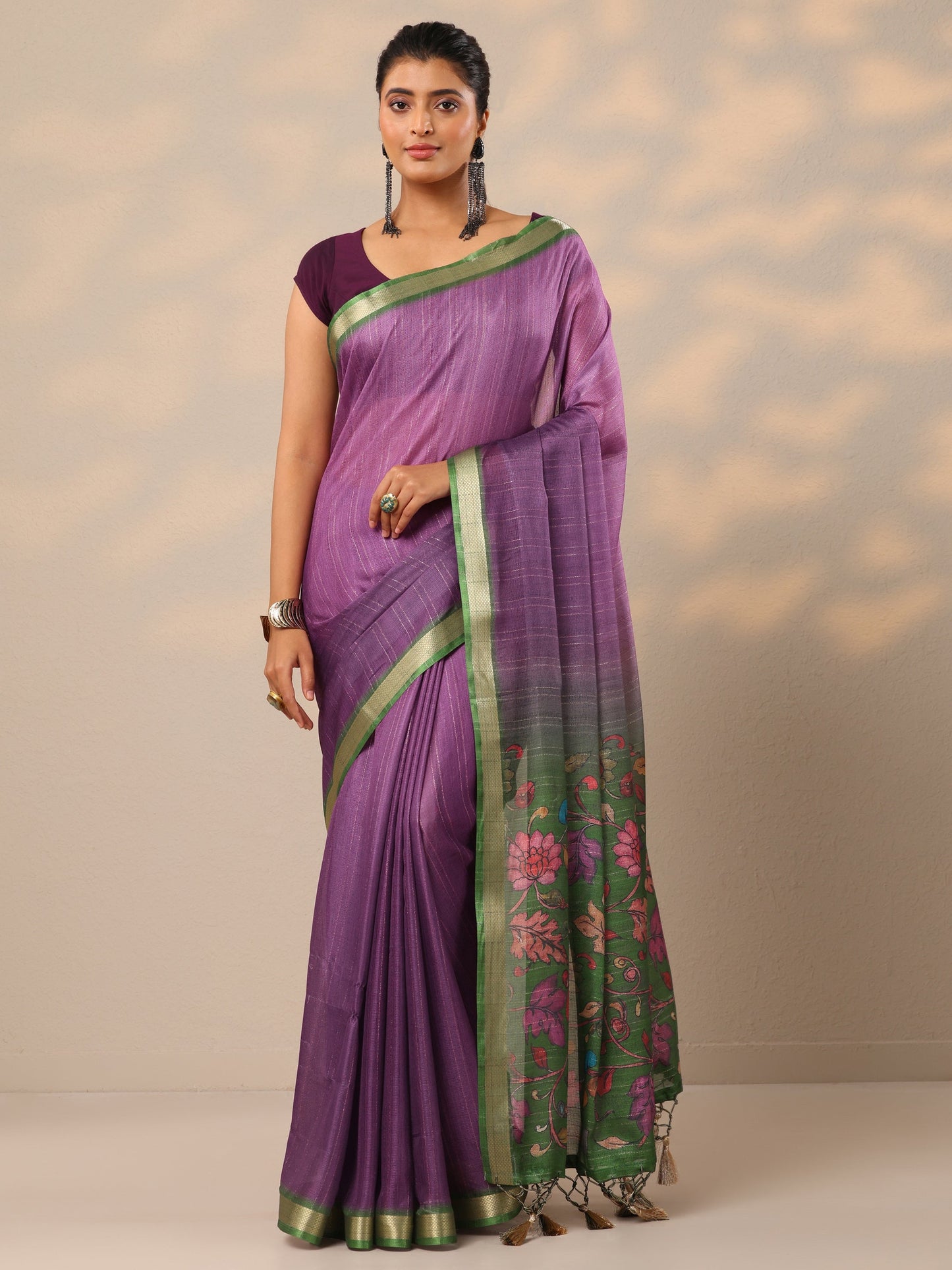 Purple Printed Silk Blend Sarees With Unstitched Blouse Piece