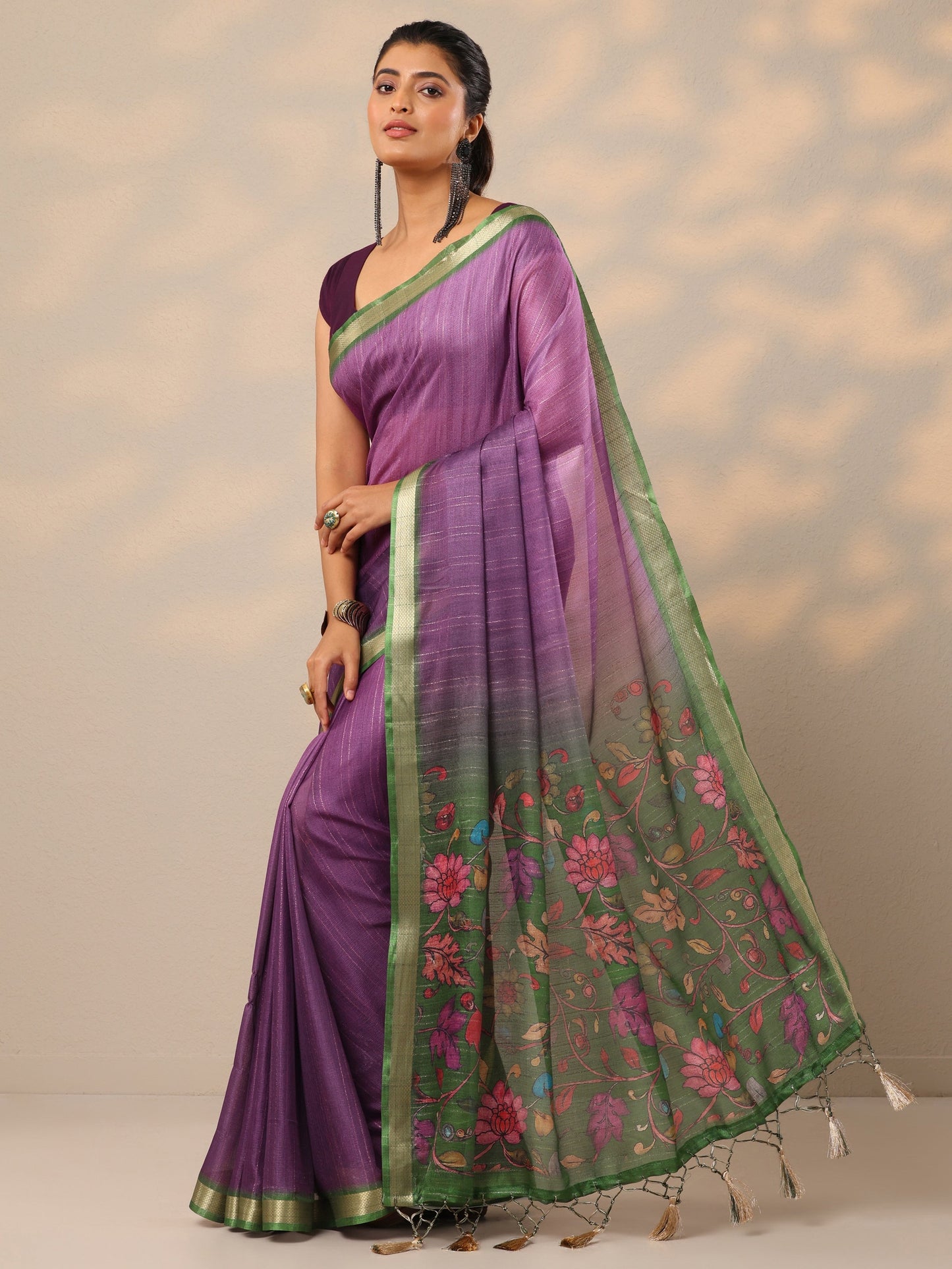 Purple Printed Silk Blend Sarees With Unstitched Blouse Piece
