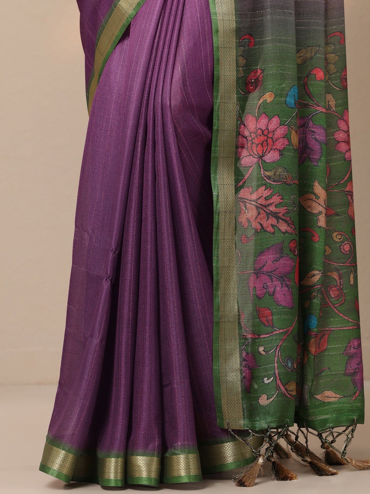 Purple Printed Silk Blend Sarees With Unstitched Blouse Piece
