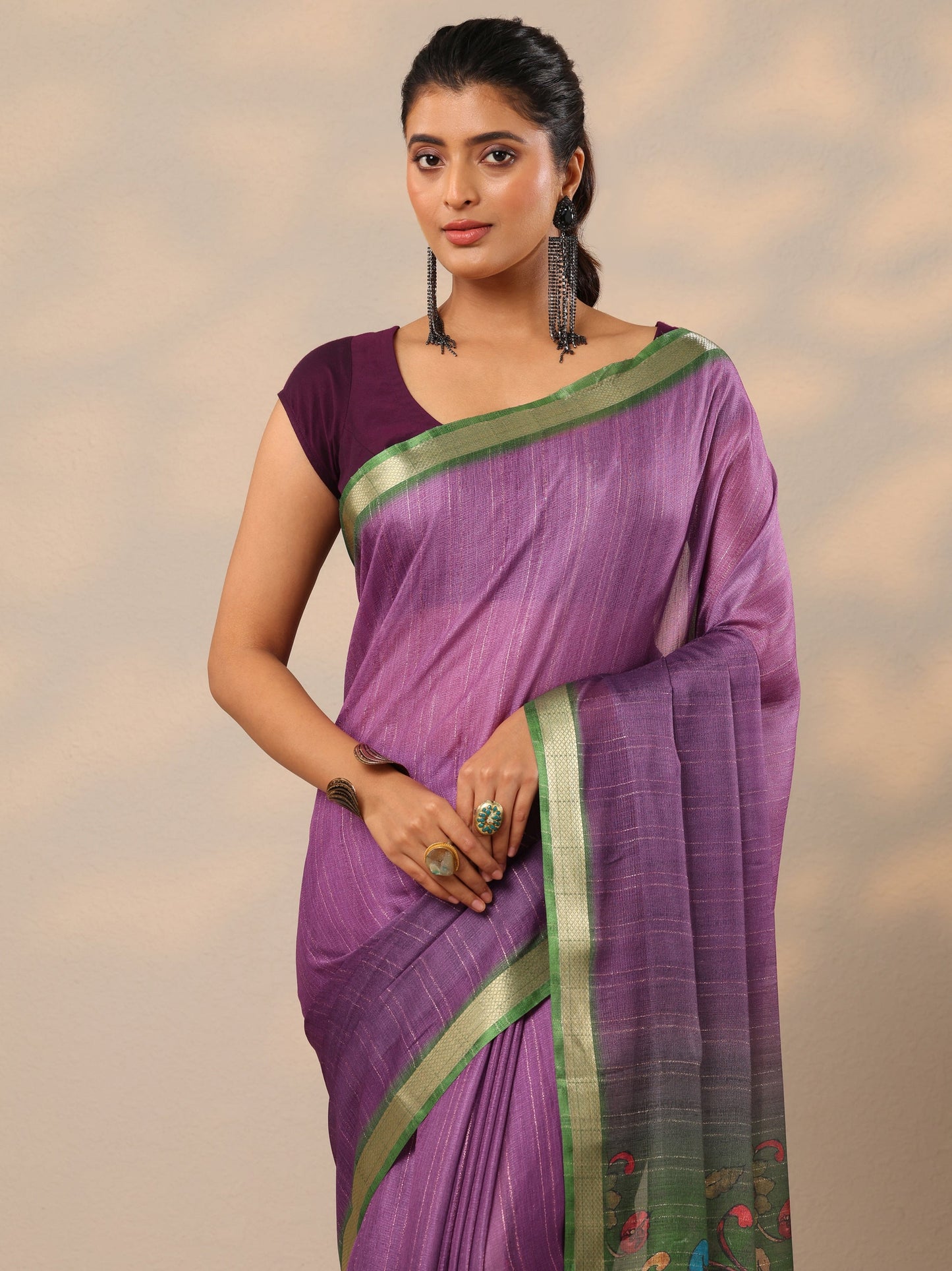 Purple Printed Silk Blend Sarees With Unstitched Blouse Piece