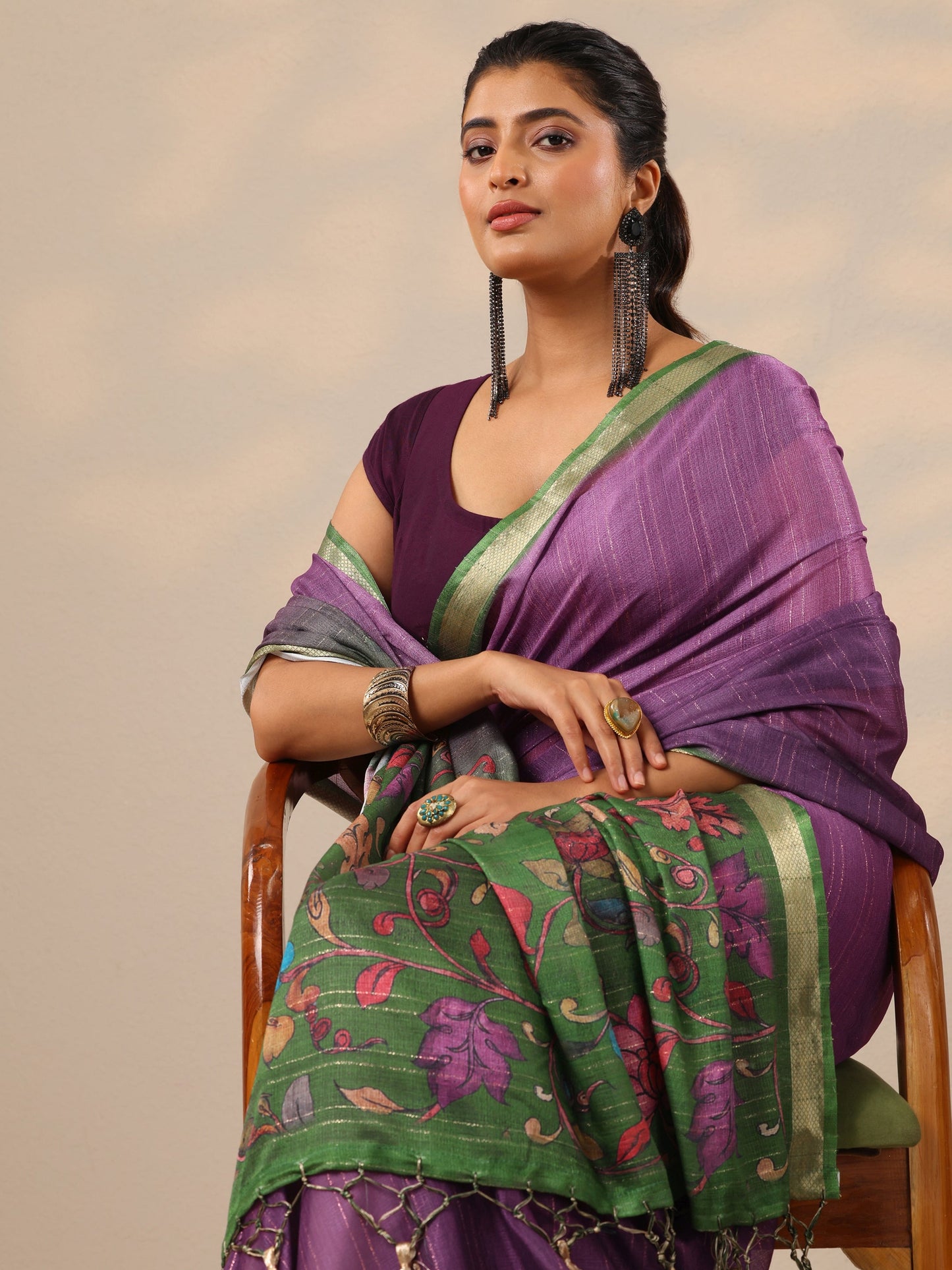 Purple Printed Silk Blend Sarees With Unstitched Blouse Piece