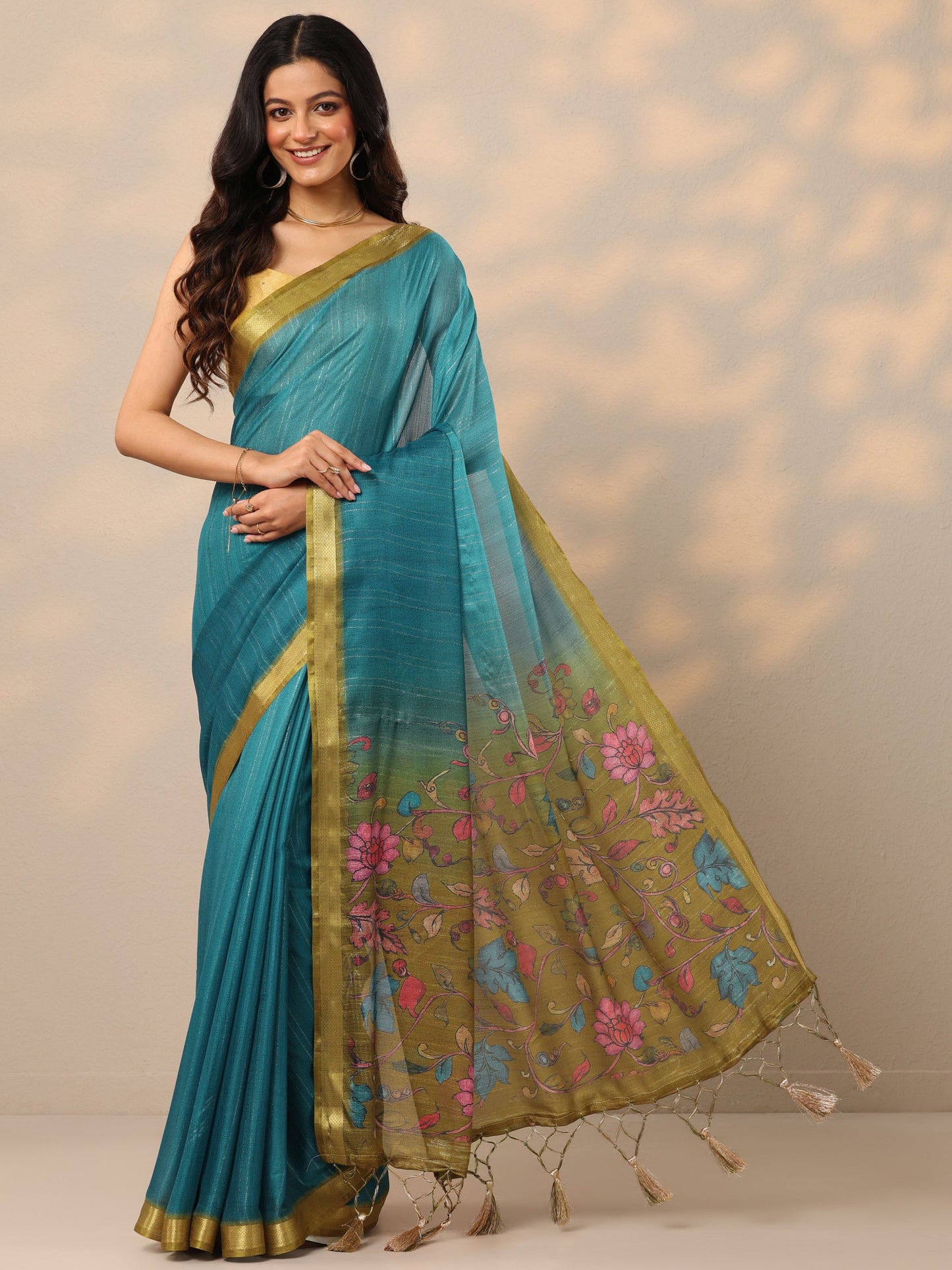 Teal Printed Silk Blend Sarees With Unstitched Blouse Piece