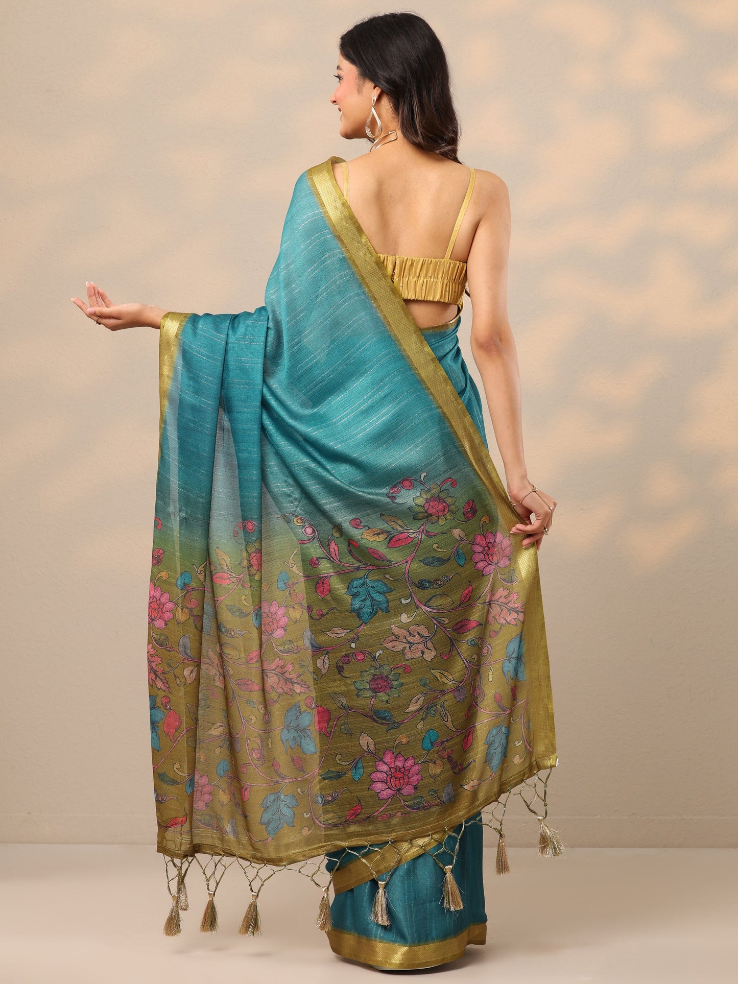 Teal Printed Silk Blend Sarees With Unstitched Blouse Piece